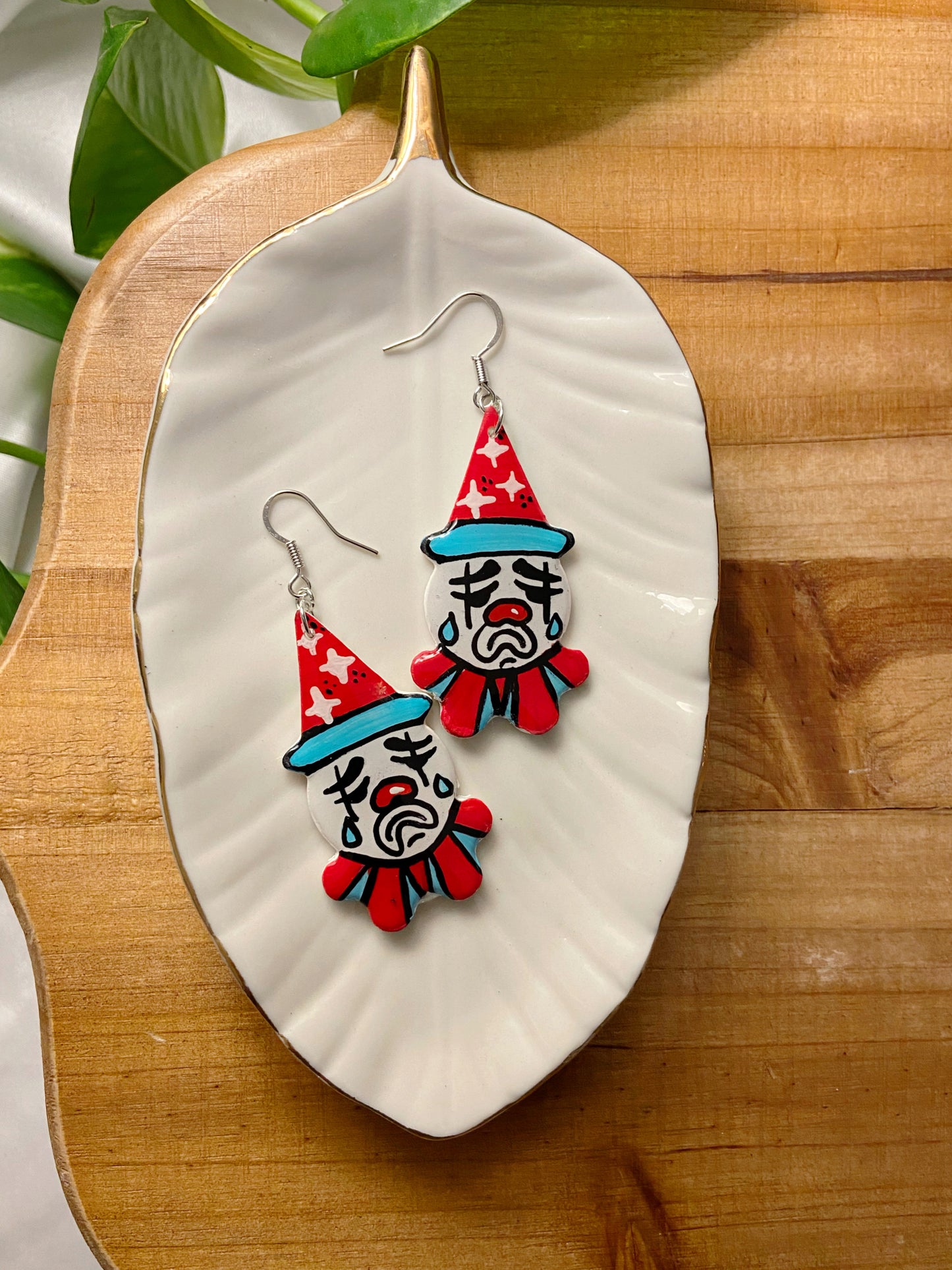 Tattoo Earrings- Sad clown handpainted polymer clay dangle earrings, red & blue, Pierrot inspired jewelry