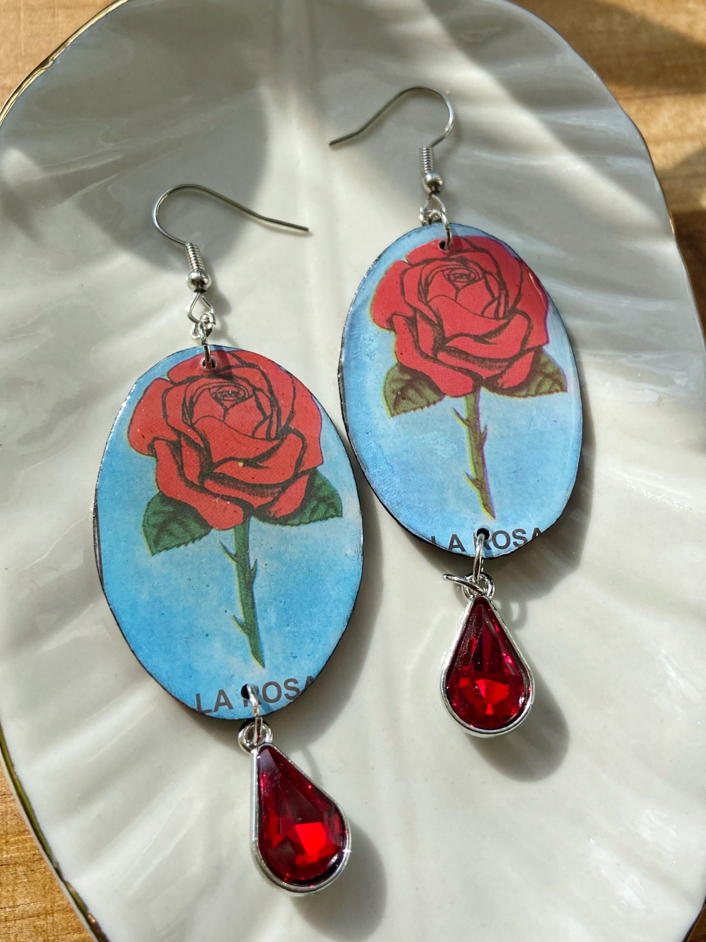 Loteria Cards- Upcycled paper "La Rosa" oval earrings with red faceted glass crystal bead dangle