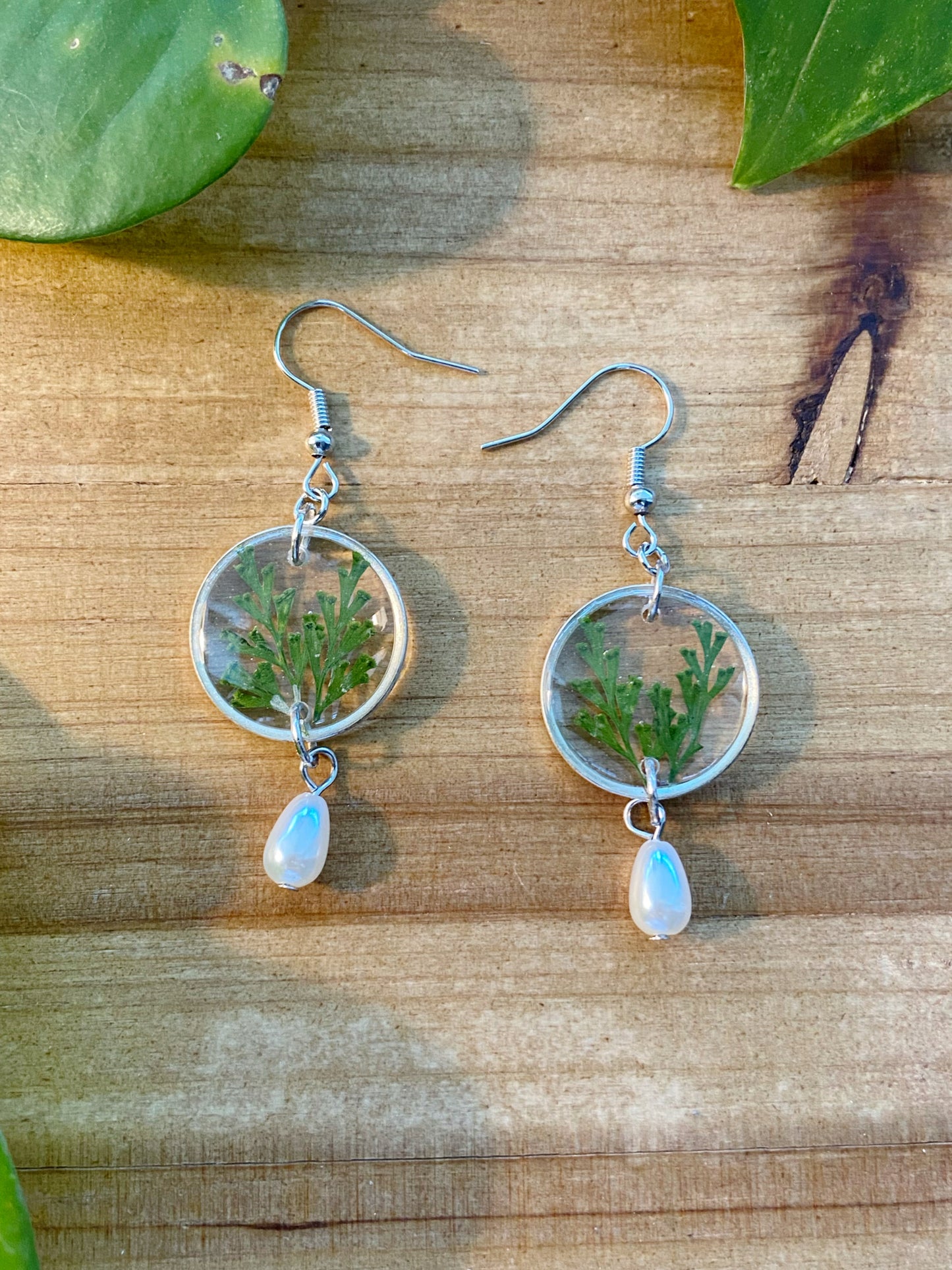 Greenery- Pressed leaves in open silver circle earrings with pearl drop dangle bead