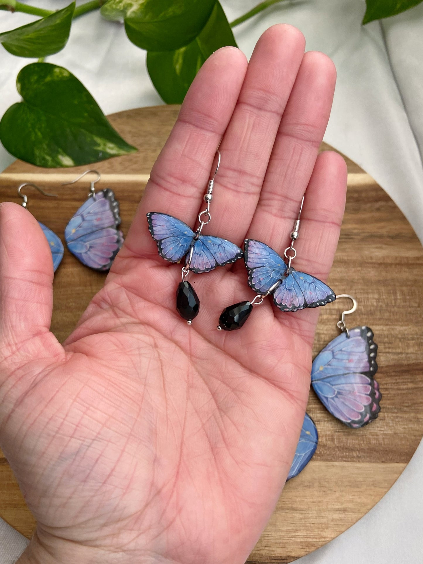 Mini Butterflies- Blue & purple morpho upcycled paper butterfly earrings with faceted black glass drop bead dangle