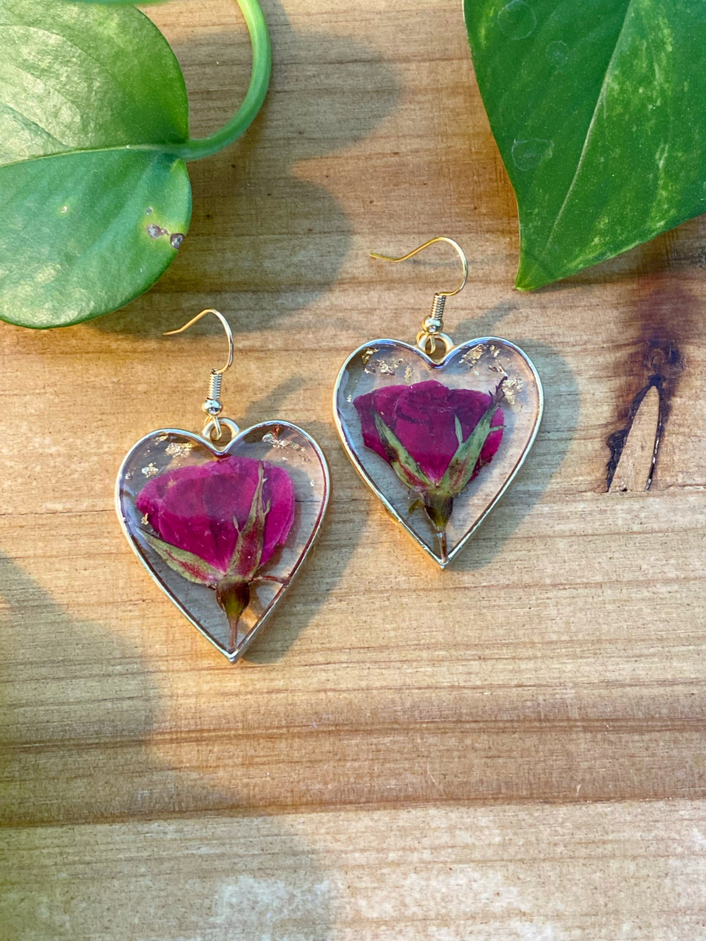 Roses- Real pressed flowers & gold flakes inside matte gold open heart earrings, romantic nature lover preserved botanical jewelry