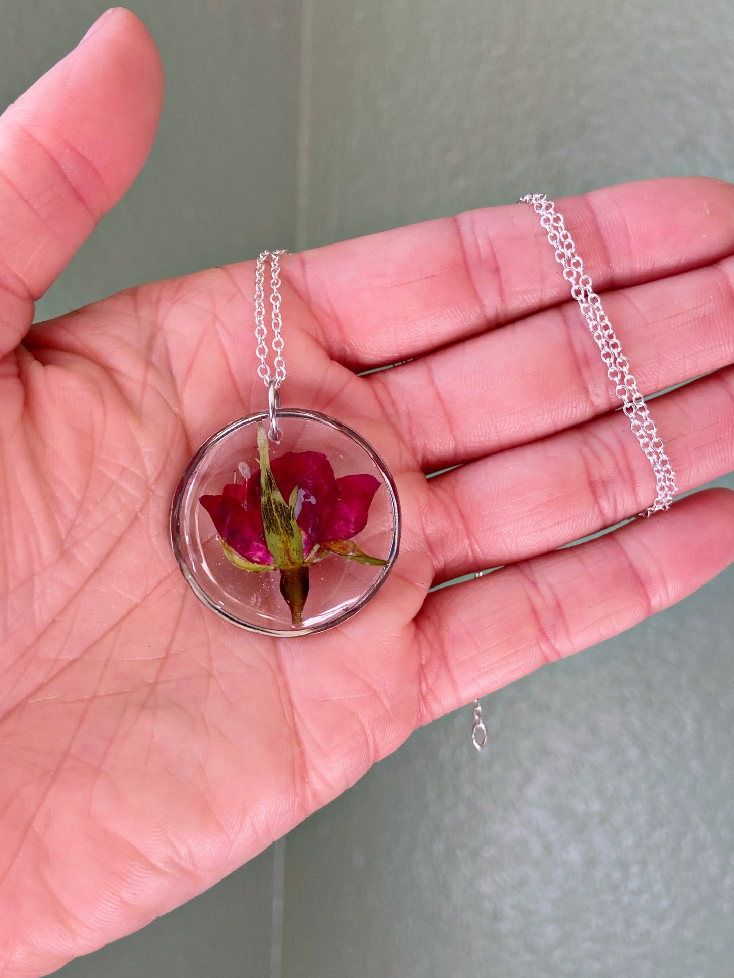 Roses- Pressed red rose bud pendant, silver open circle statement necklace