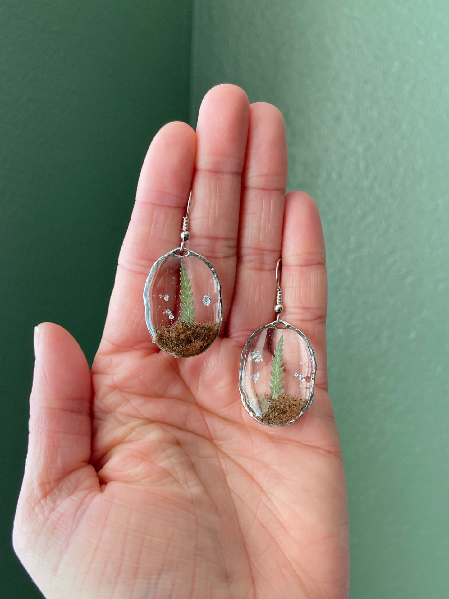 Mini Terrariums- Real soil, pressed leaves & silver flake in open oval earrings (silver)