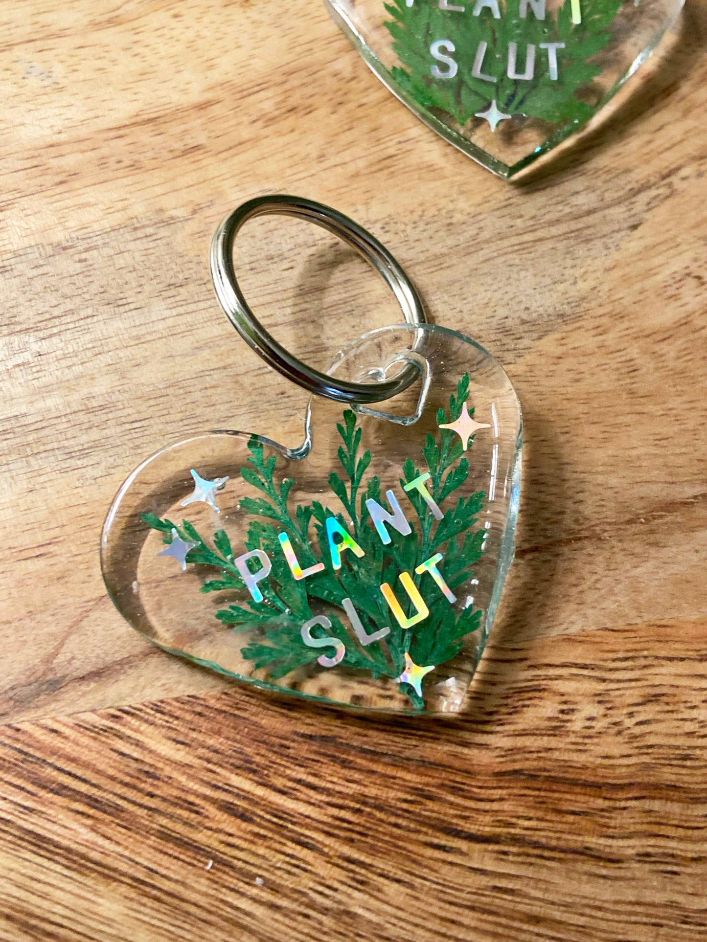 Plant Slut- Holographic letters custom keychain with real pressed leaves, heart shape