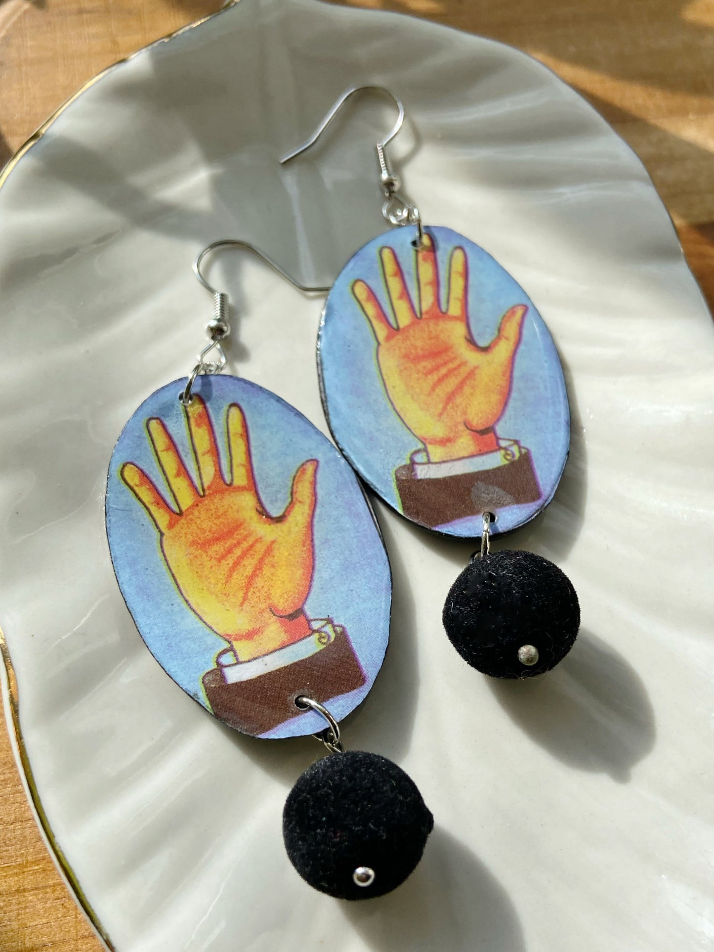 Loteria Cards- Upcycled paper "La Mano" oval earrings with black velvet round bead dangle
