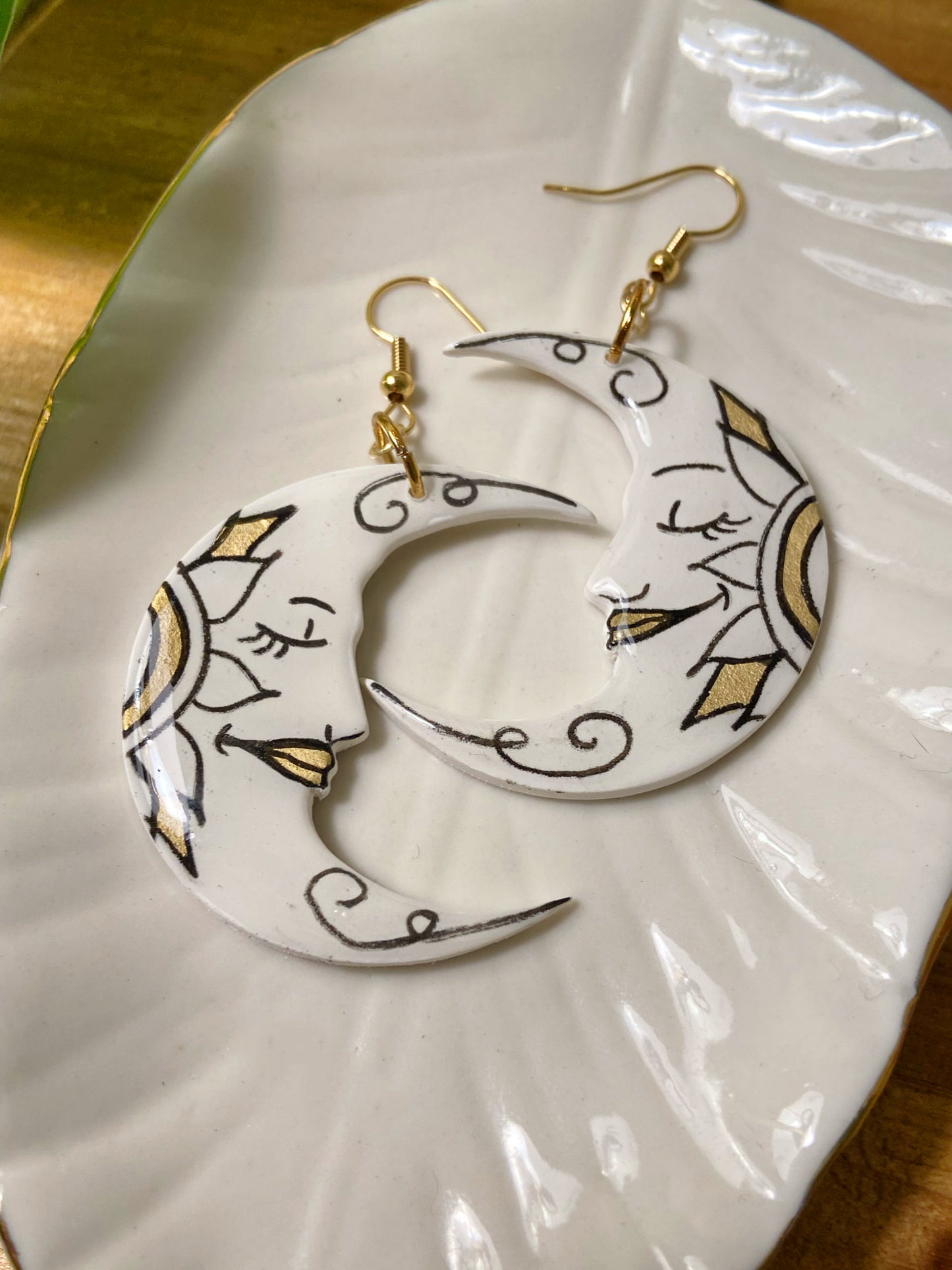 Sleepy Moons- White & gold crescent moon earrings with handpainted faces & mandalas