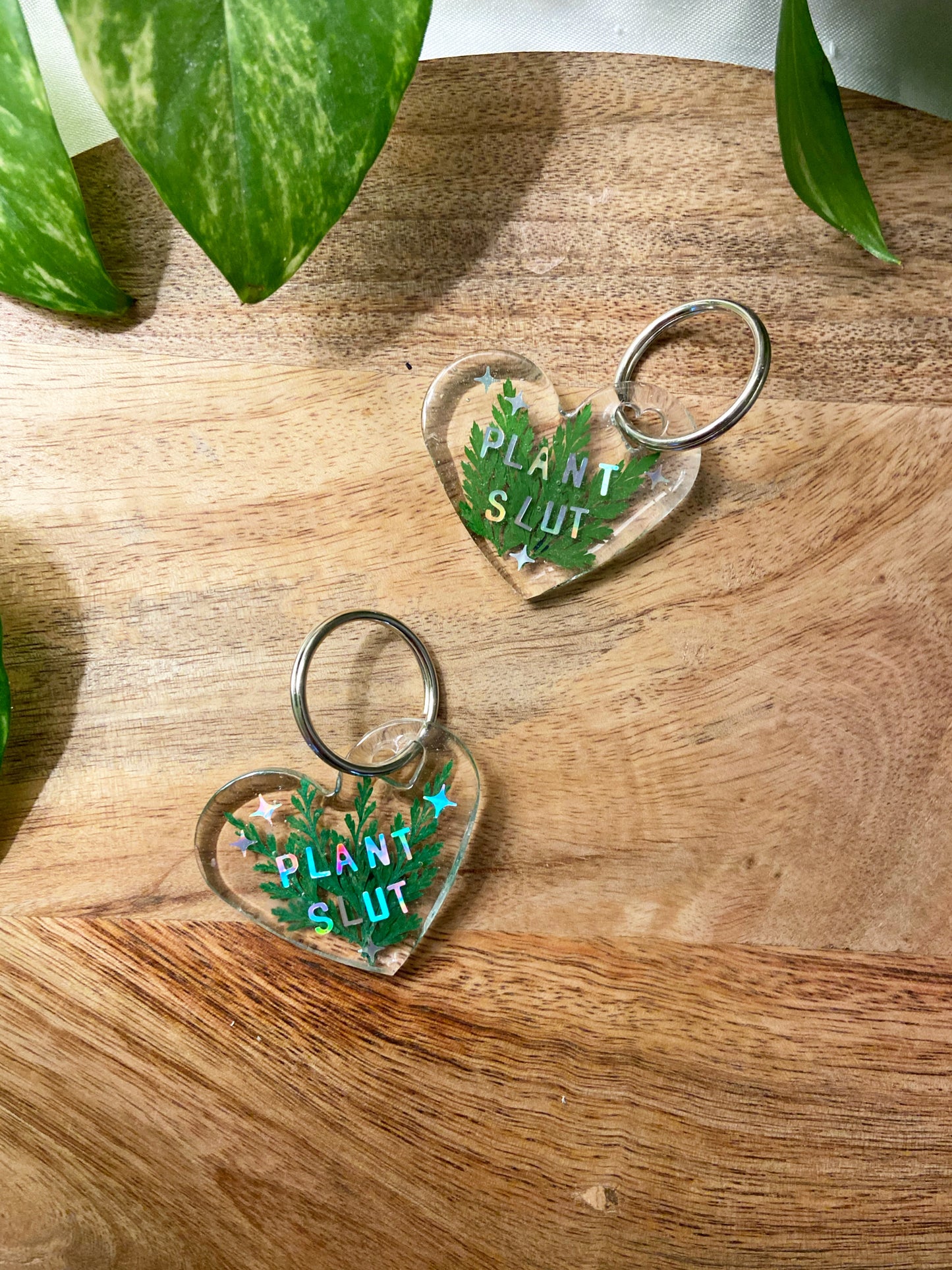 Plant Slut- Holographic letters custom keychain with real pressed leaves, heart shape