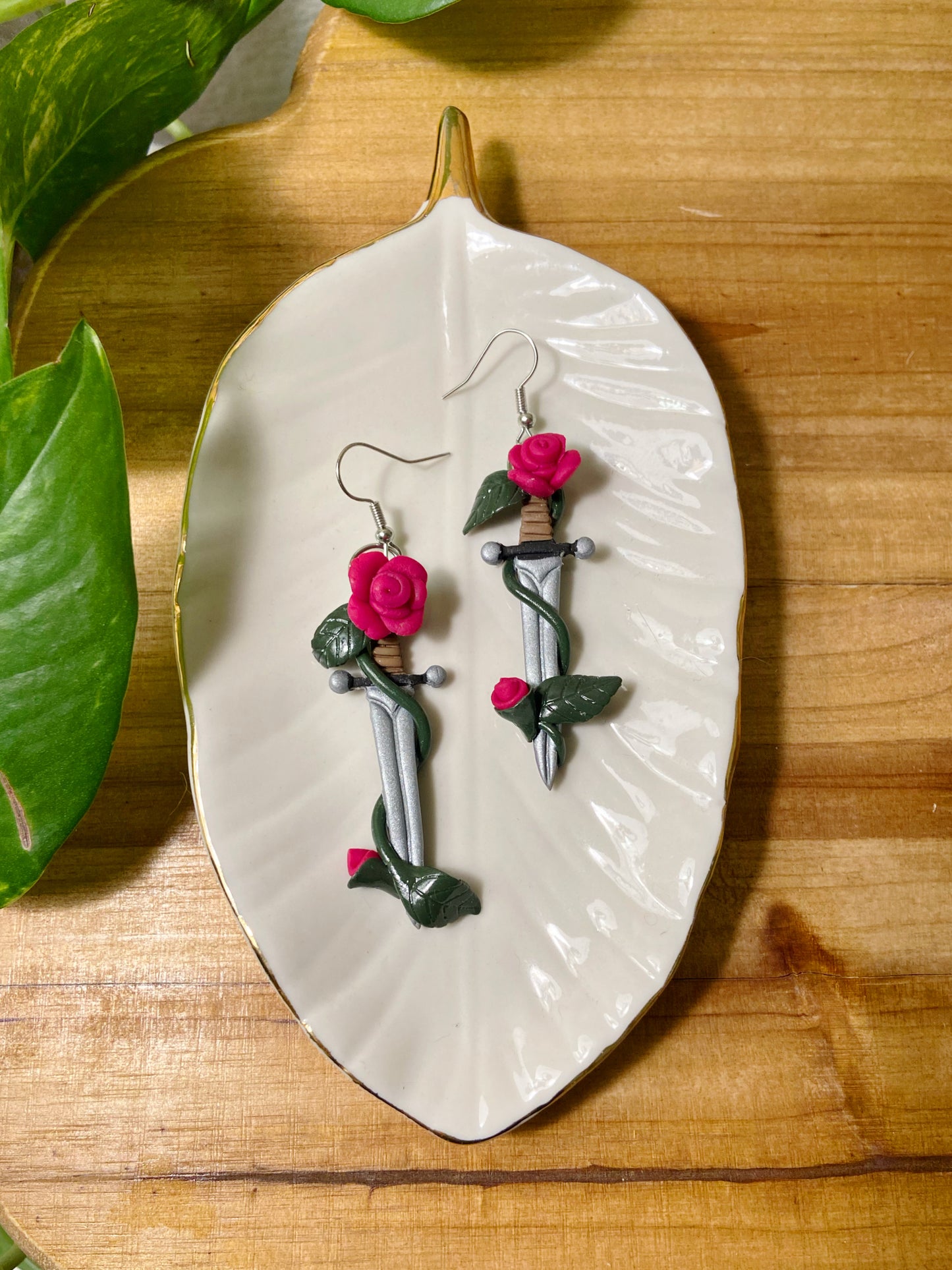 Sculpted Swords- Hot pink rose handmade polymer clay sword earrings, novelty romance jewelry