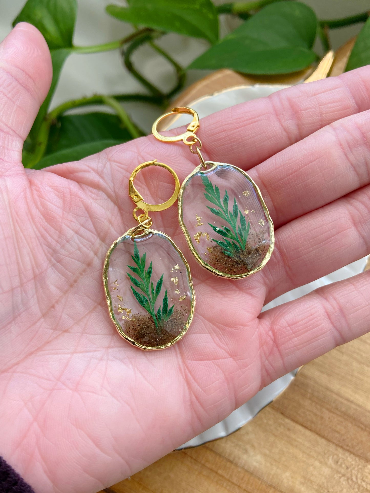 Mini Oval Terrariums- Gold open earrings filled with real soil, plants & gold flakes, clasp hoop earring