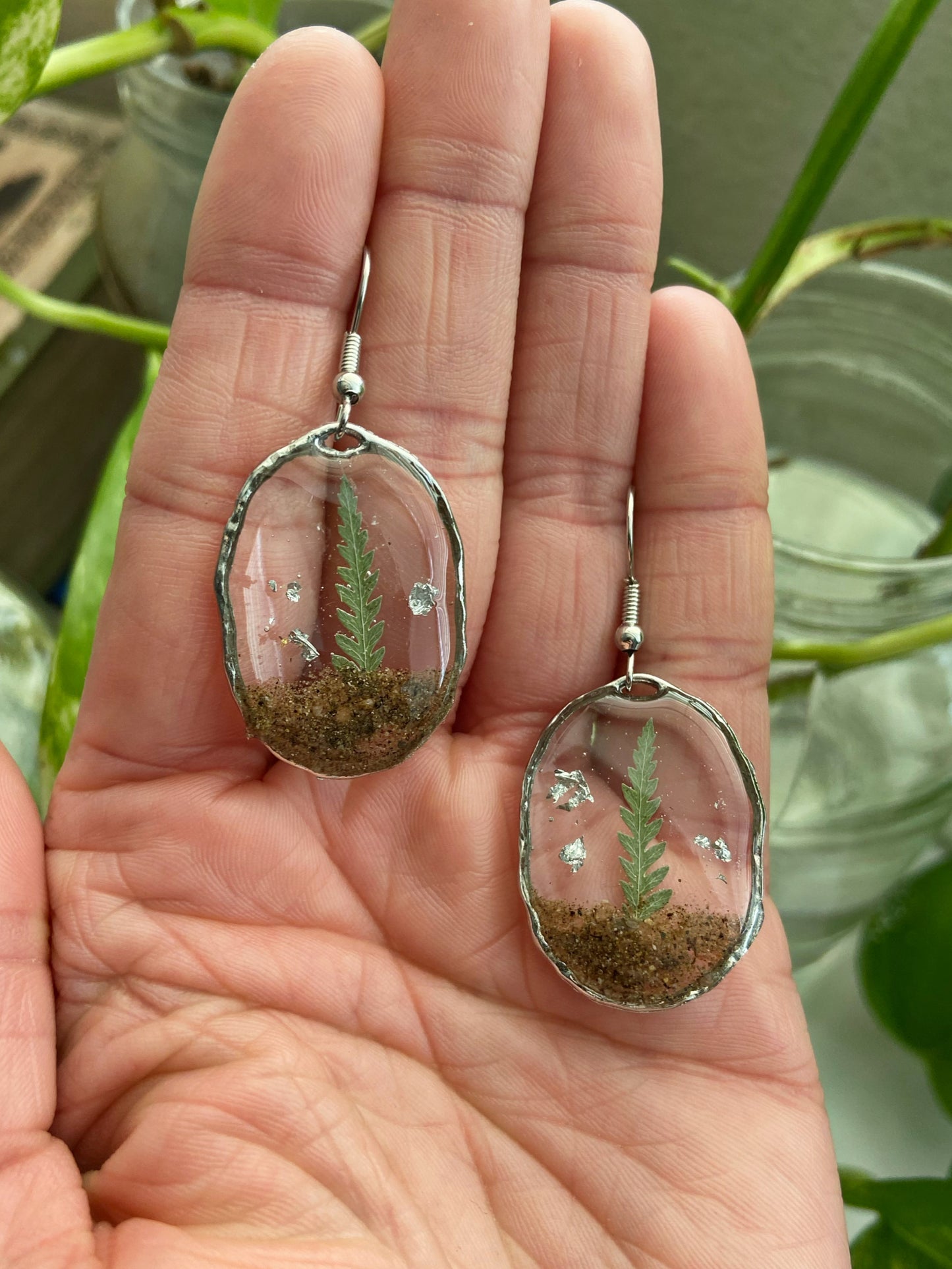 Mini Terrariums- Real soil, pressed leaves & silver flake in open oval earrings (silver)