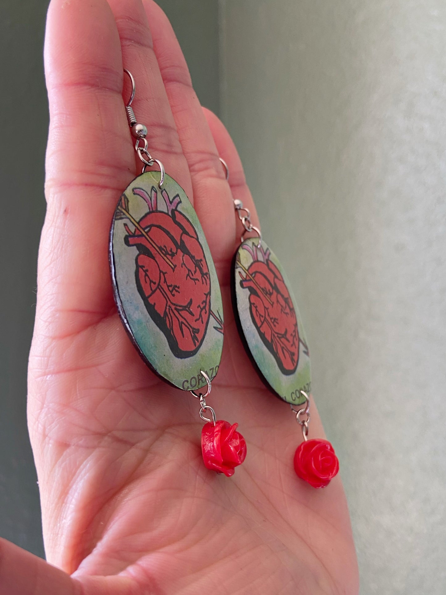 Loteria Cards- Upcycled paper "El Corazon" oval statement earrings with red rose dangle