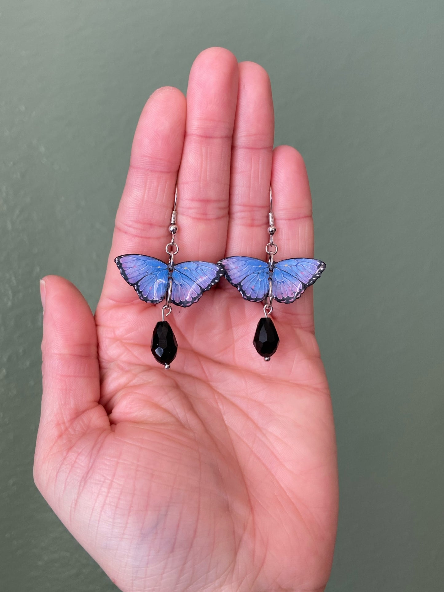 Mini Butterflies- Blue & purple morpho upcycled paper butterfly earrings with faceted black glass drop bead dangle