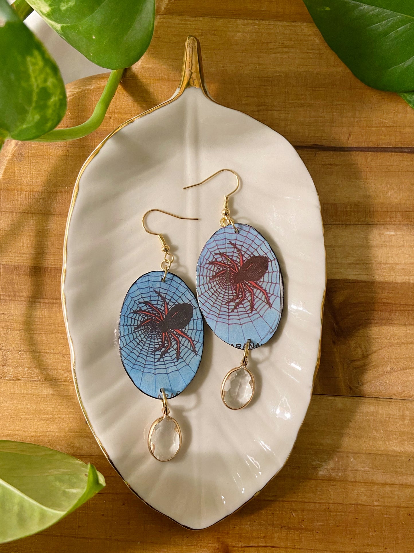 Loteria Cards- Upcycled paper "La Arana" oval statement earrings, spider novelty jewelry