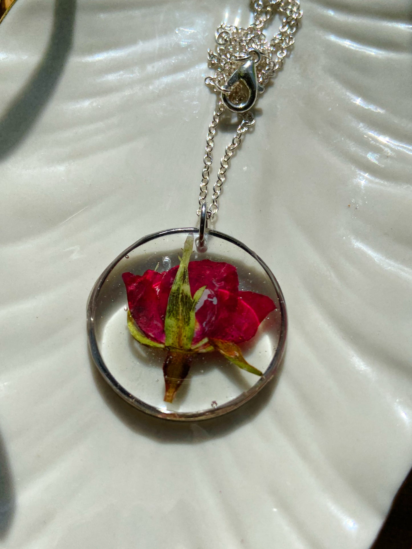 Roses- Pressed red rose bud pendant, silver open circle statement necklace