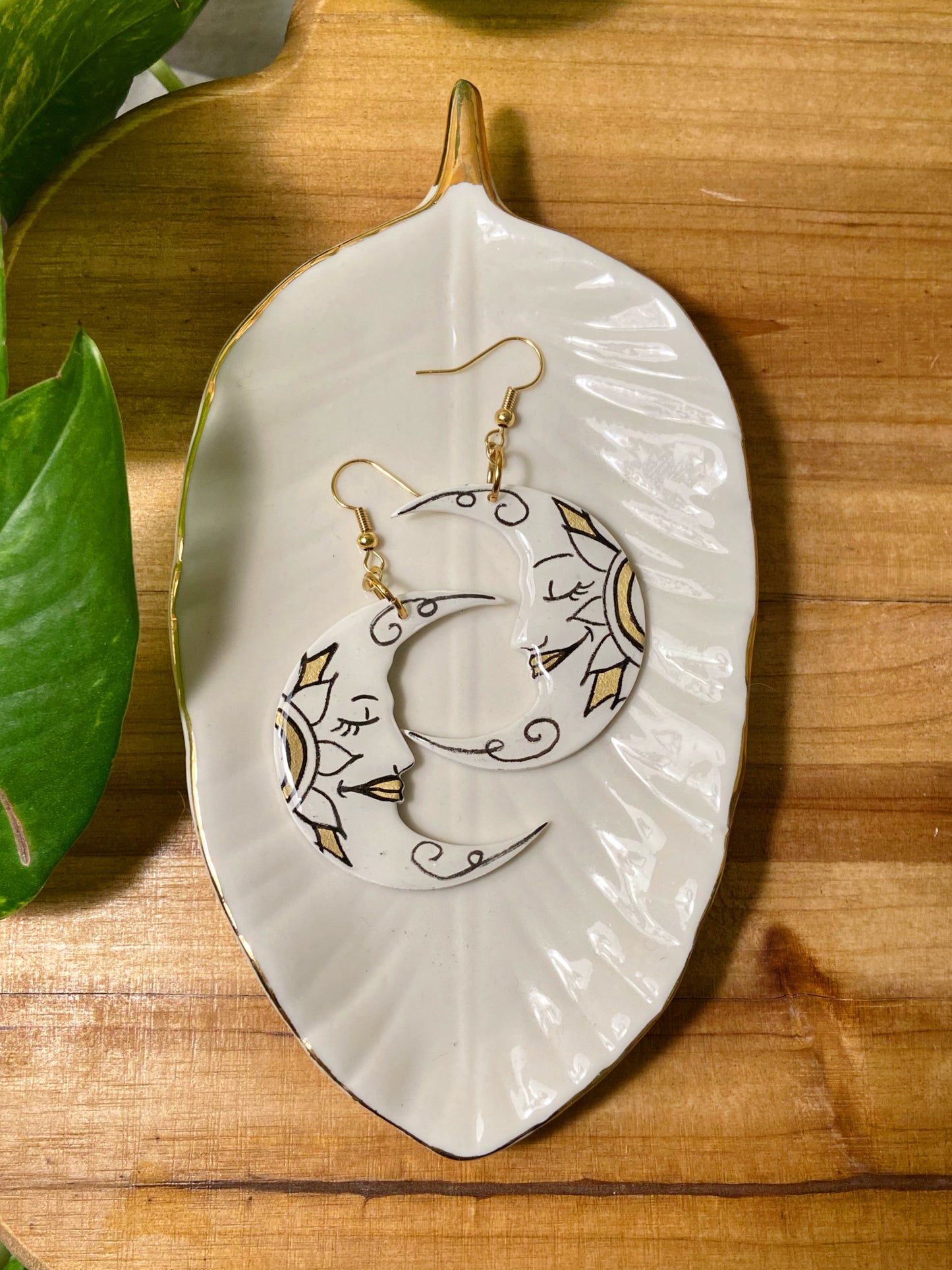 Sleepy Moons- White & gold crescent moon earrings with handpainted faces & mandalas