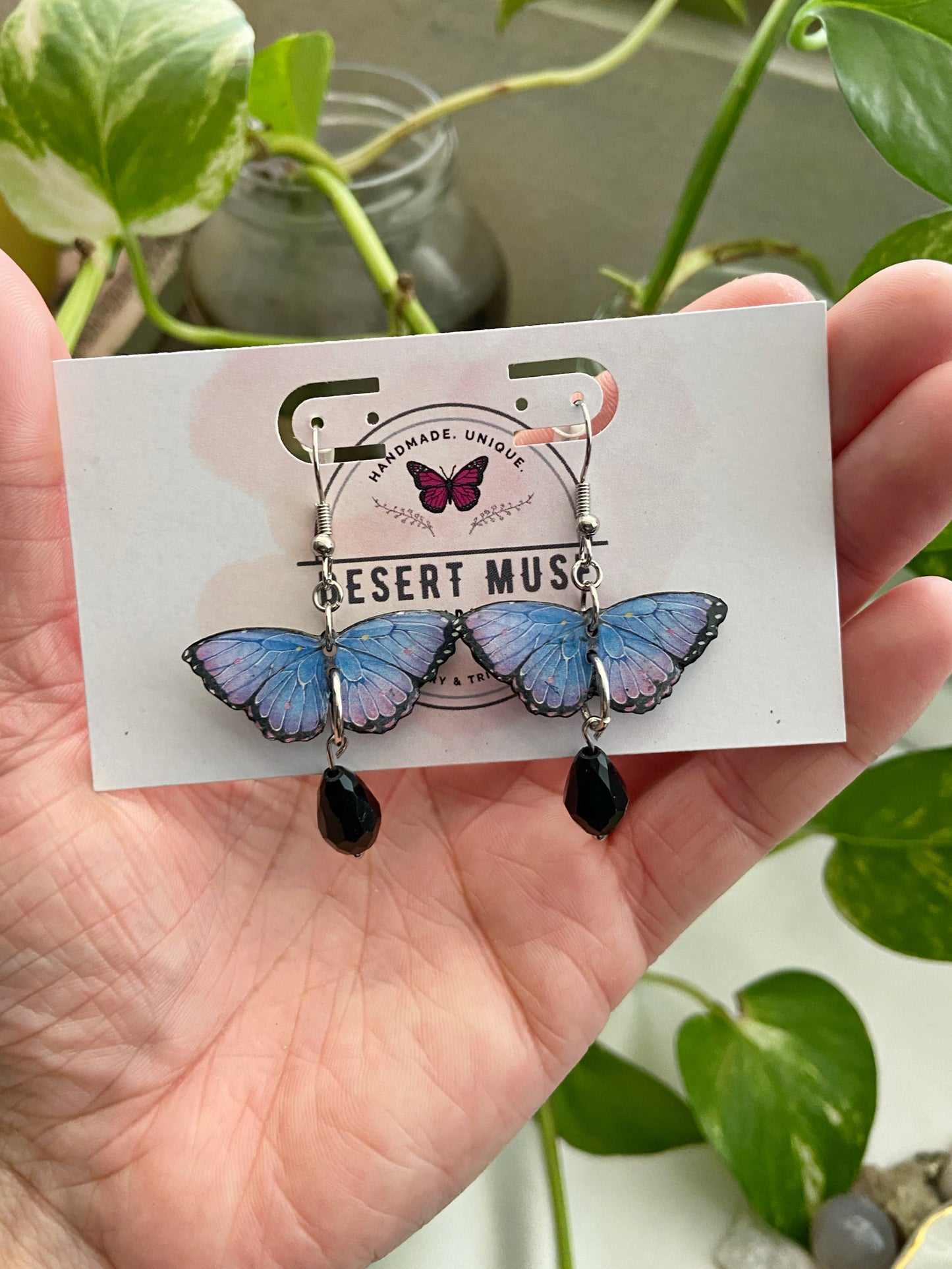Mini Butterflies- Blue & purple morpho upcycled paper butterfly earrings with faceted black glass drop bead dangle