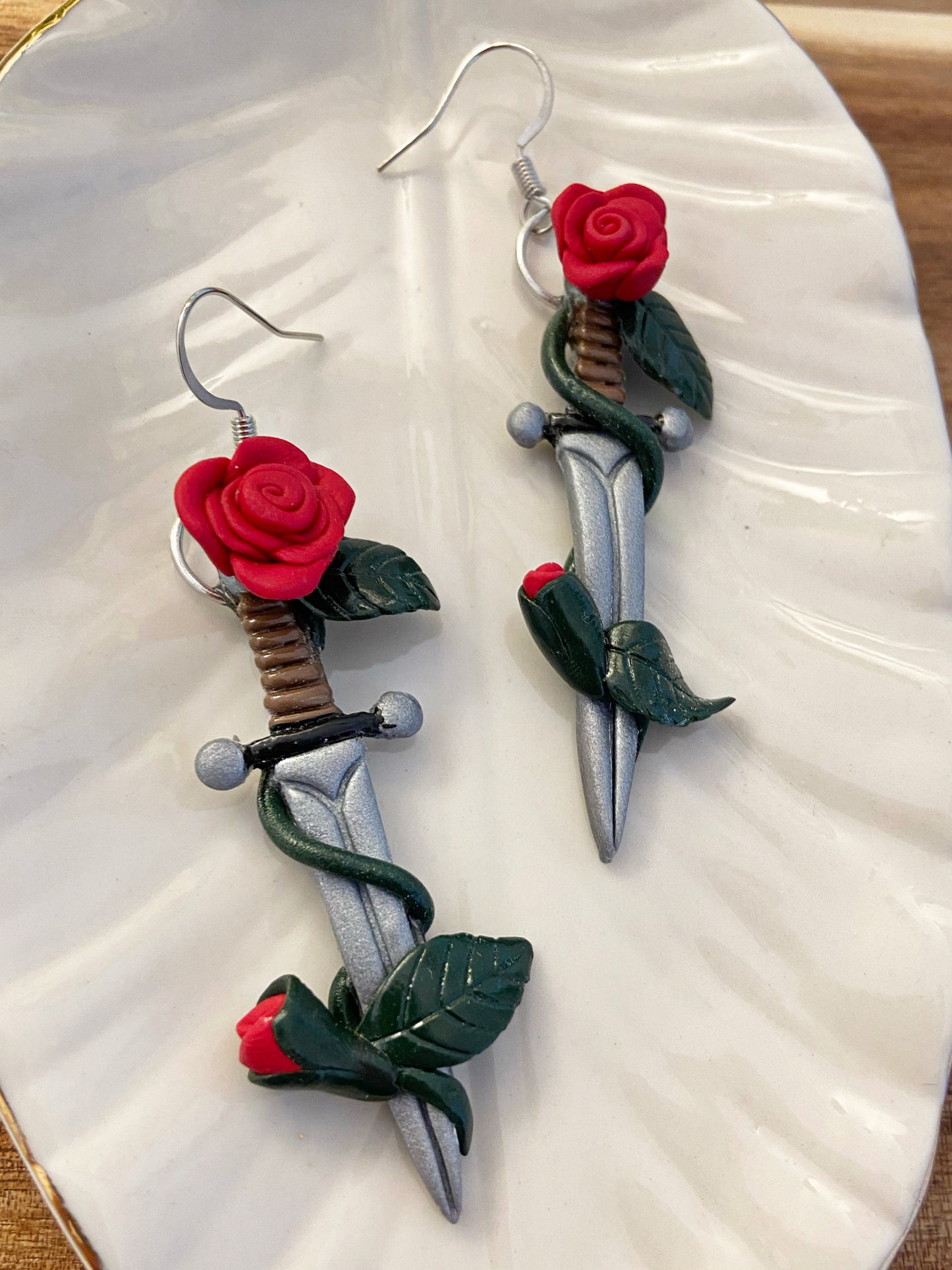 Sculpted Swords- Red rose handmade polymer clay sword earrings, novelty romance jewelry