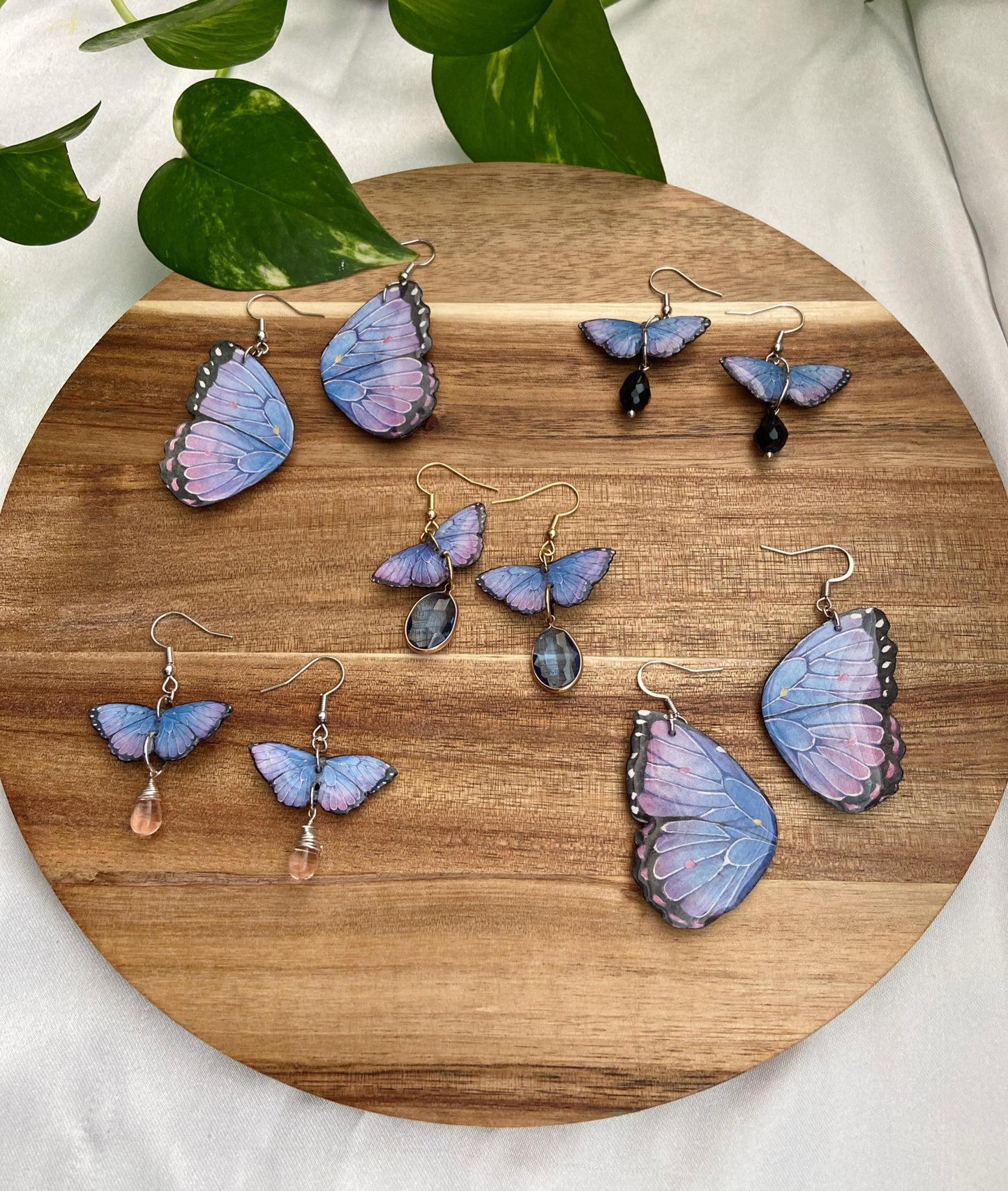 Mini Butterflies- Blue & purple morpho upcycled paper butterfly earrings with faceted black glass drop bead dangle