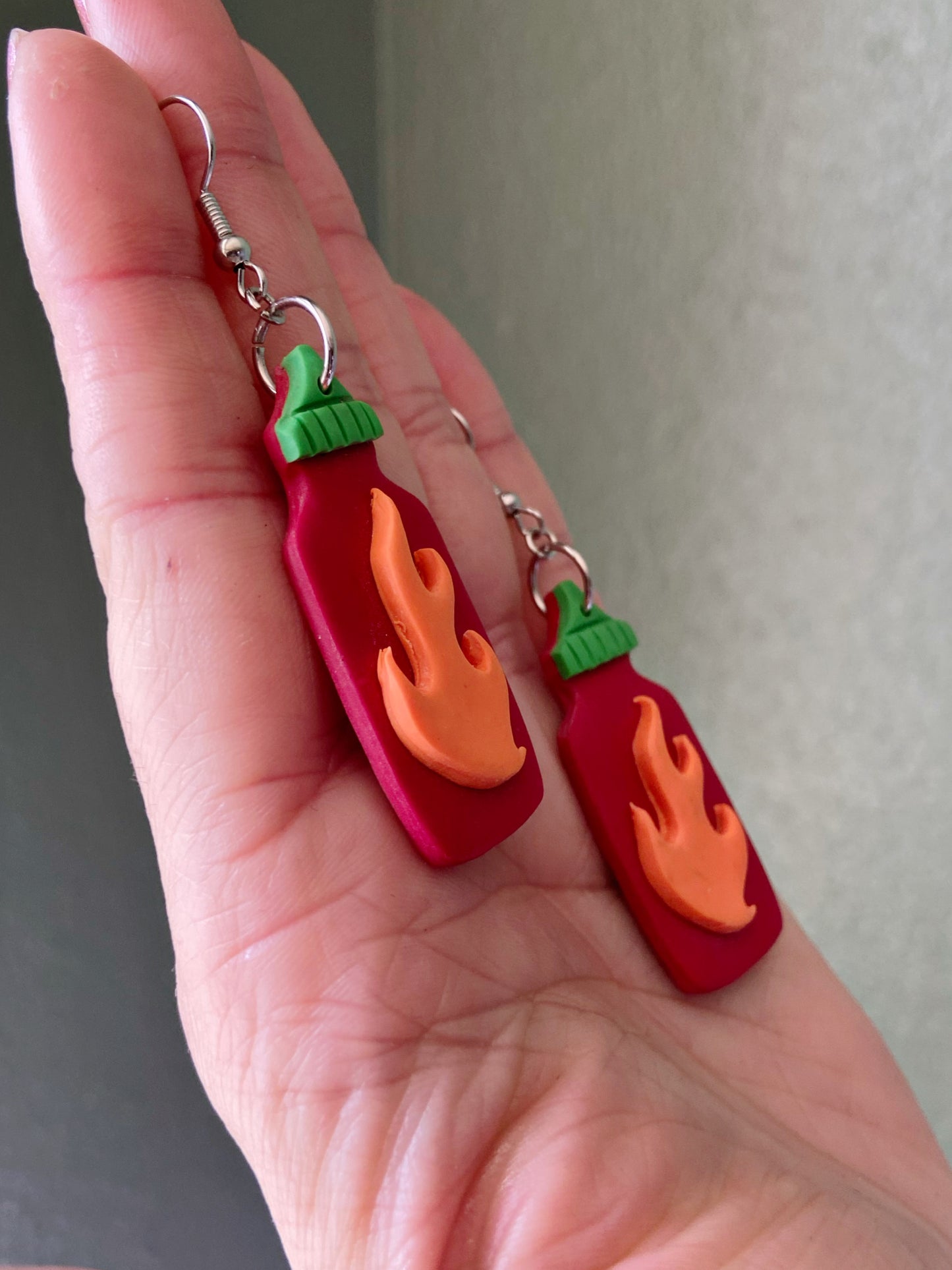 Hot Hot Sauce- Polymer clay mini spicy sauce novelty earrings, Sriracha inspired jewelry