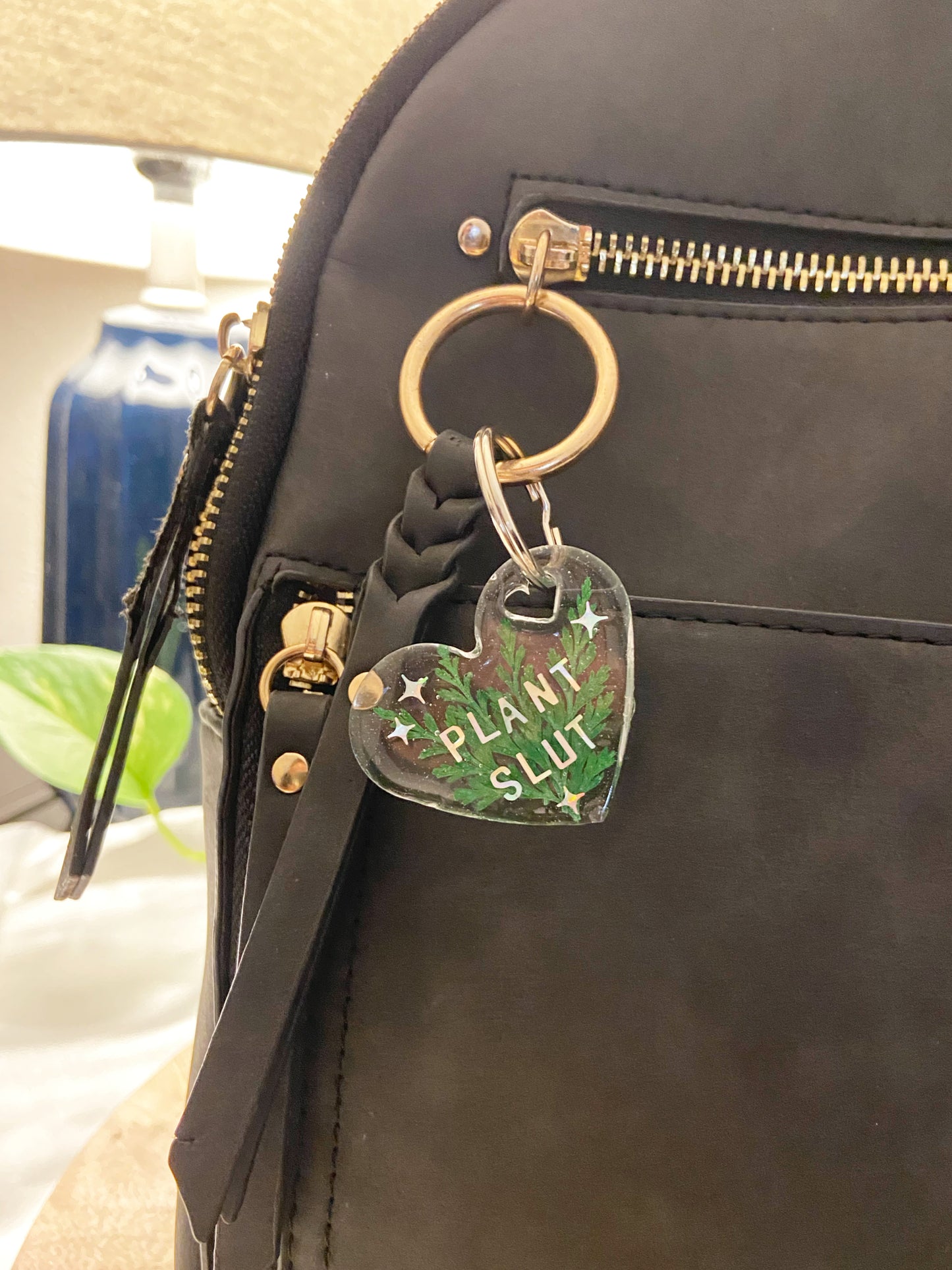 Plant Slut- Holographic letters custom keychain with real pressed leaves, heart shape