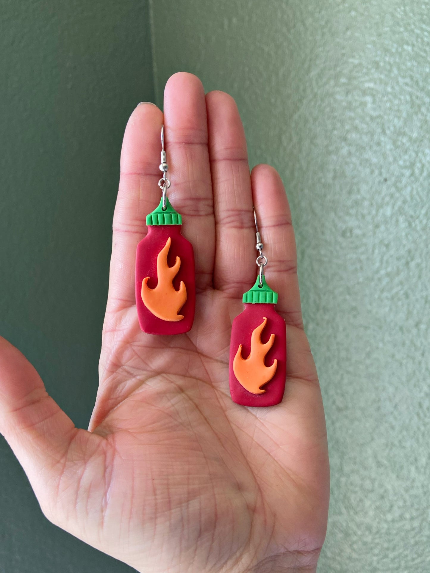 Hot Hot Sauce- Polymer clay mini spicy sauce novelty earrings, Sriracha inspired jewelry
