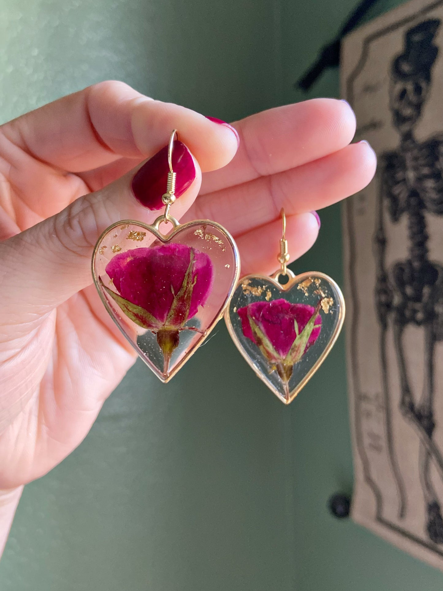 Roses- Real pressed flowers & gold flakes inside matte gold open heart earrings, romantic nature lover preserved botanical jewelry