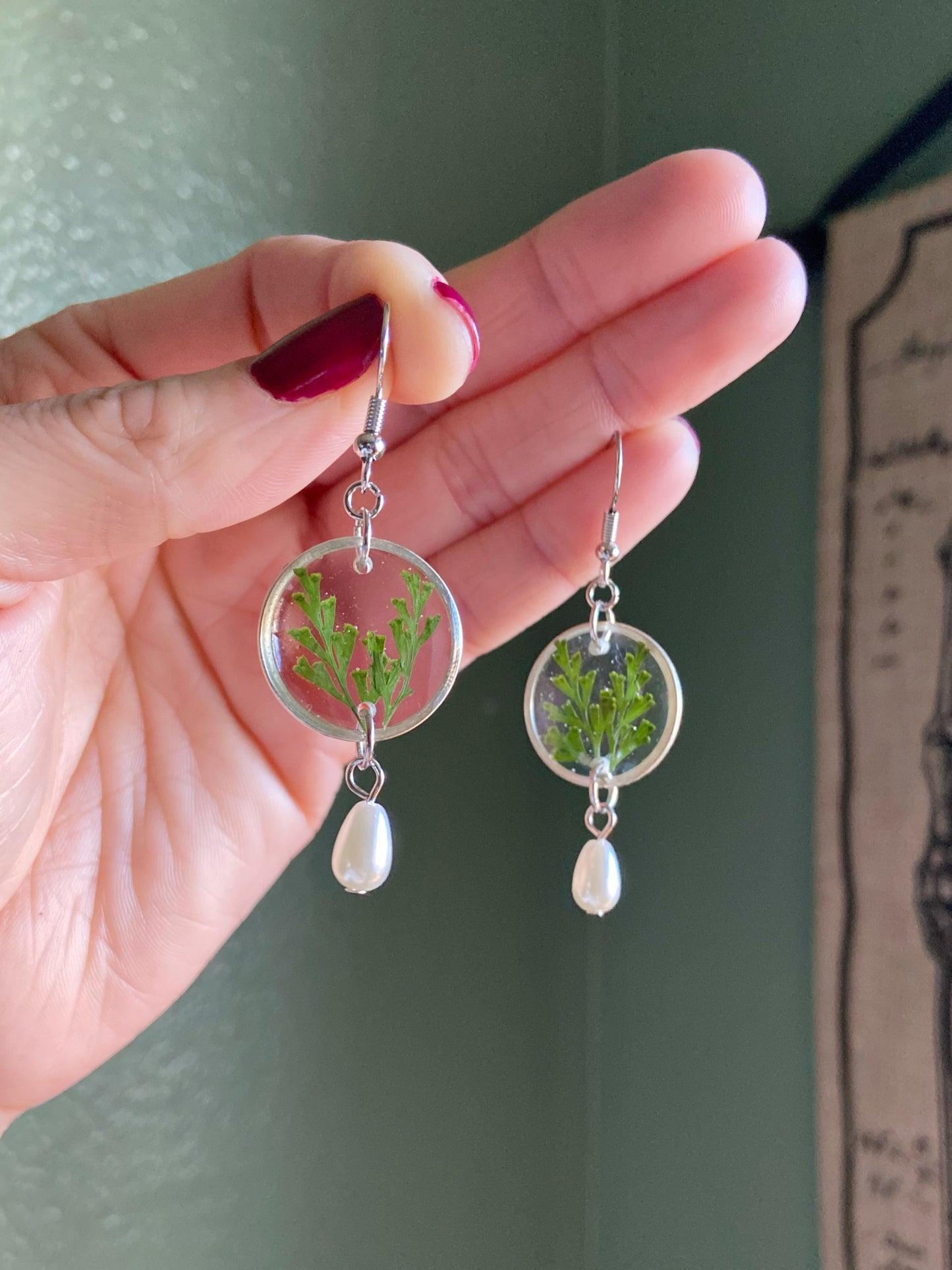 Greenery- Pressed leaves in open silver circle earrings with pearl drop dangle bead