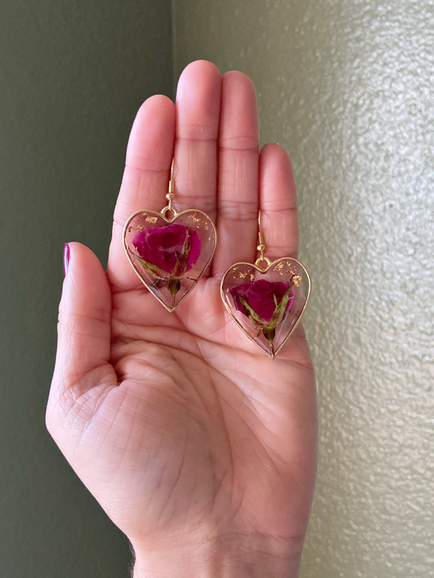 Roses- Real pressed flowers & gold flakes inside matte gold open heart earrings, romantic nature lover preserved botanical jewelry