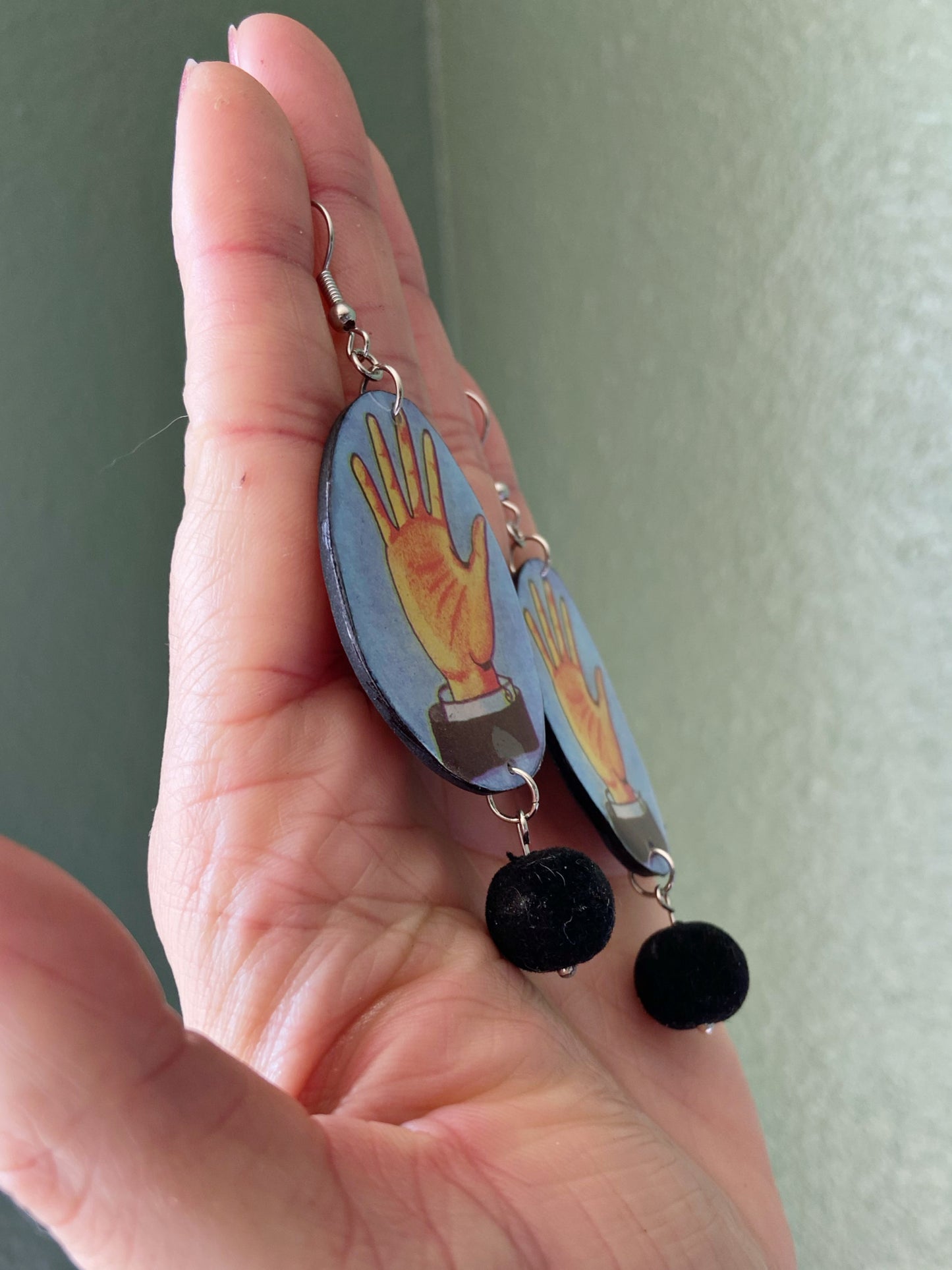 Loteria Cards- Upcycled paper "La Mano" oval earrings with black velvet round bead dangle