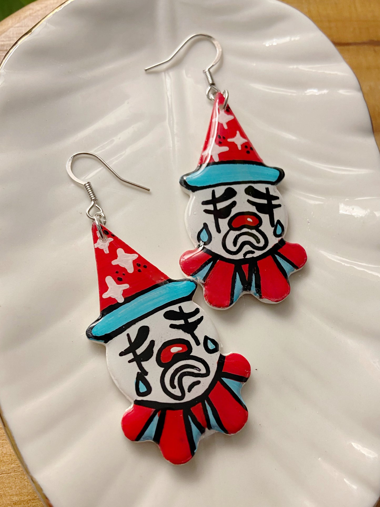 Tattoo Earrings- Sad clown handpainted polymer clay dangle earrings, red & blue, Pierrot inspired jewelry