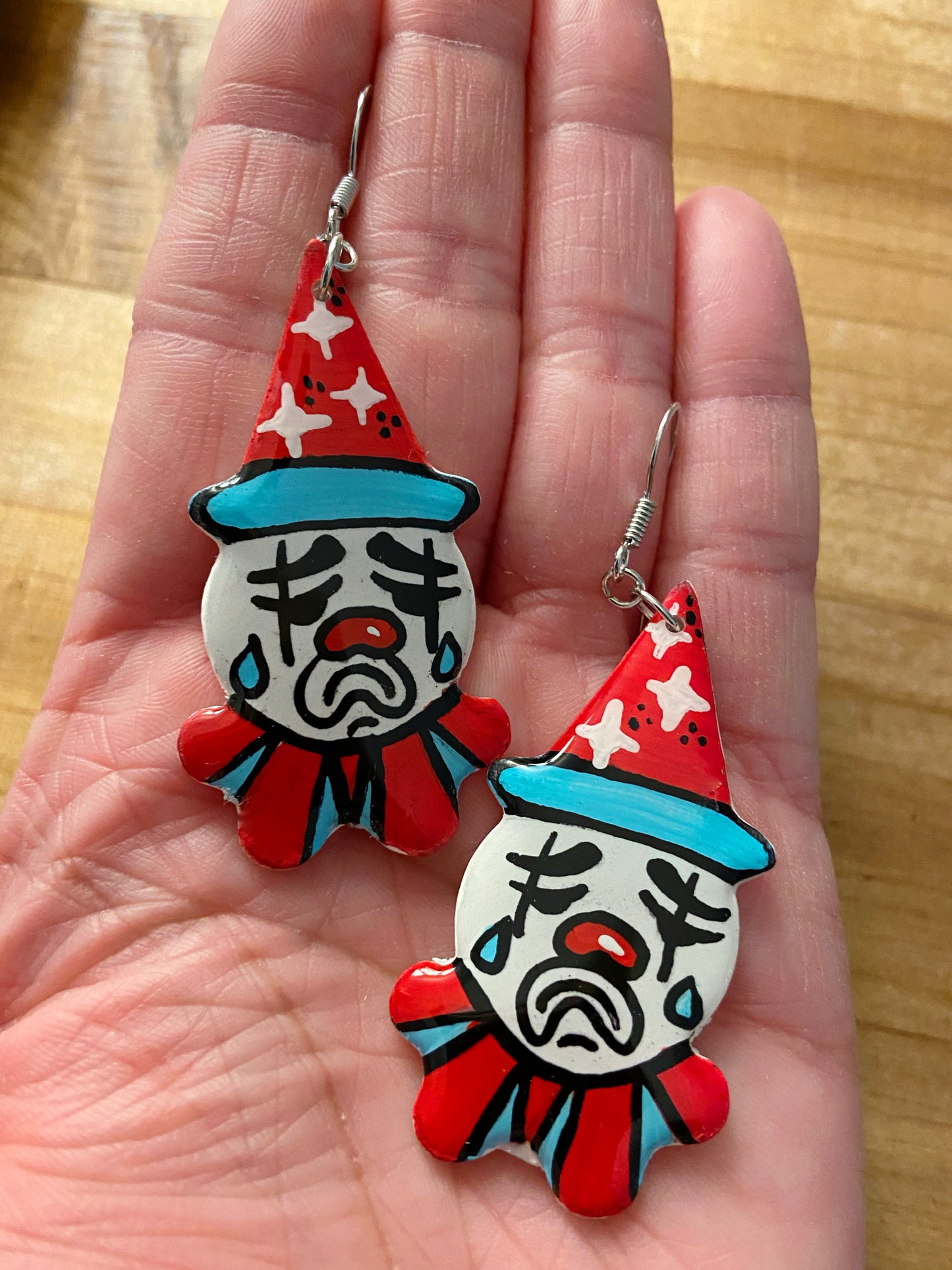 Tattoo Earrings- Sad clown handpainted polymer clay dangle earrings, red & blue, Pierrot inspired jewelry