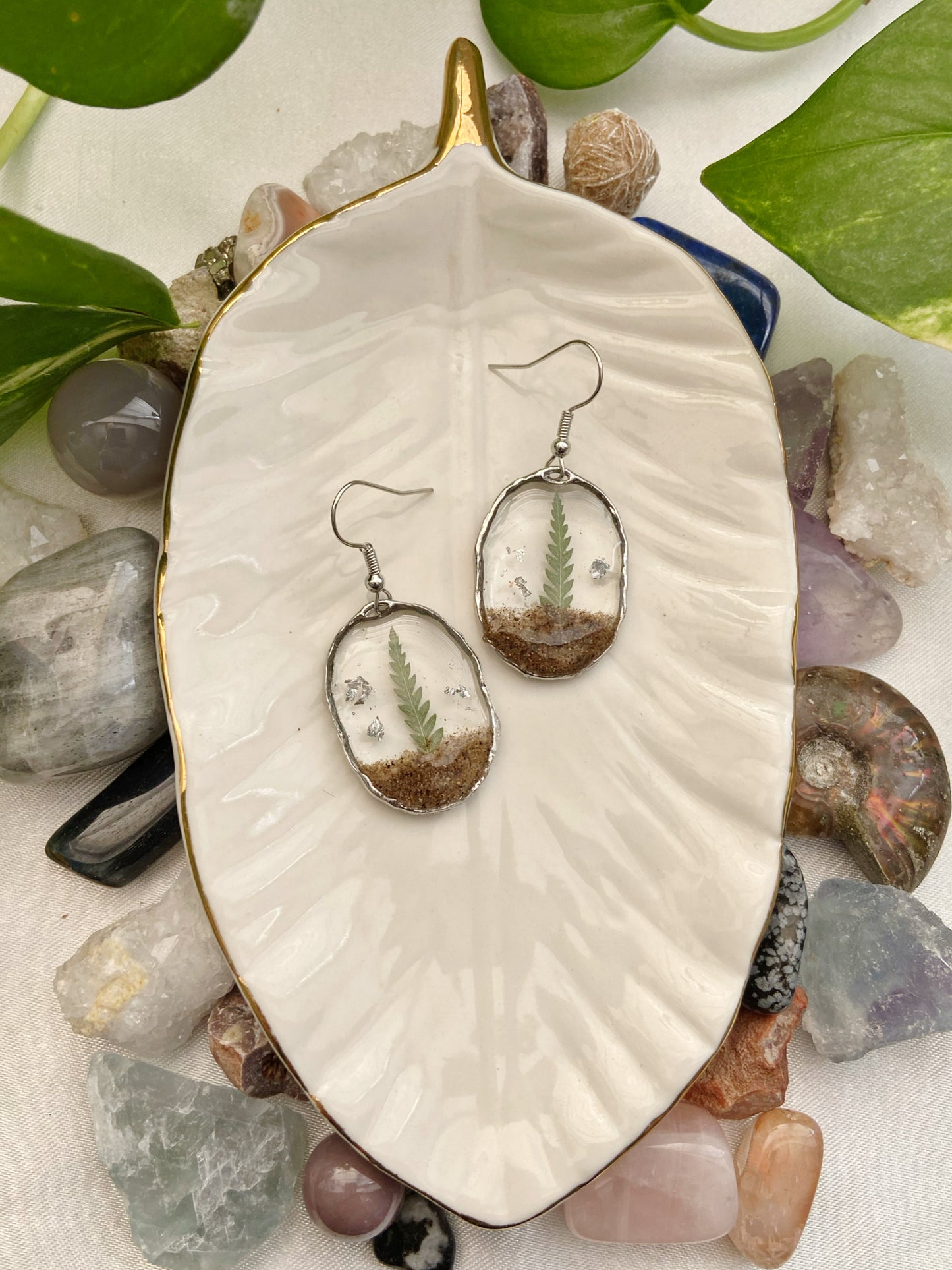 Mini Terrariums- Real soil, pressed leaves & silver flake in open oval earrings (silver)