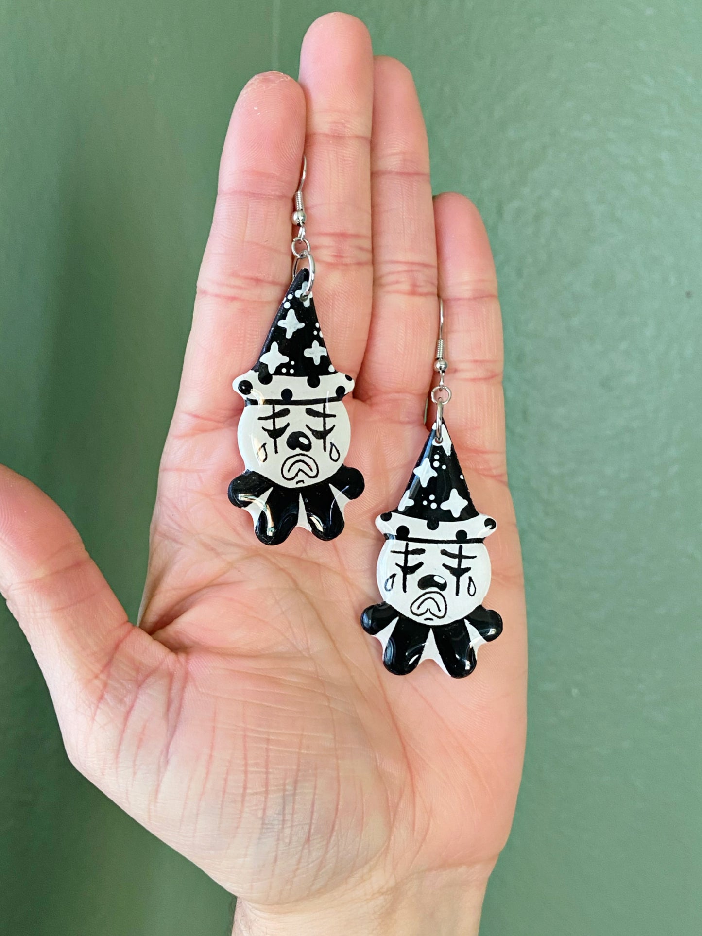 Tattoo Earrings- Sad clown handpainted polymer clay dangle earrings, black & white, Pierrot inspired jewelry