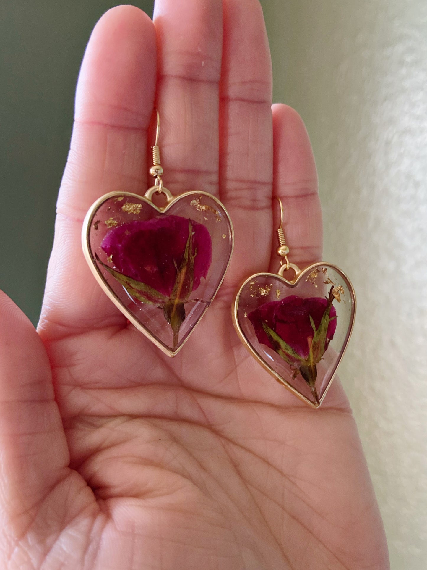 Roses- Real pressed flowers & gold flakes inside matte gold open heart earrings, romantic nature lover preserved botanical jewelry