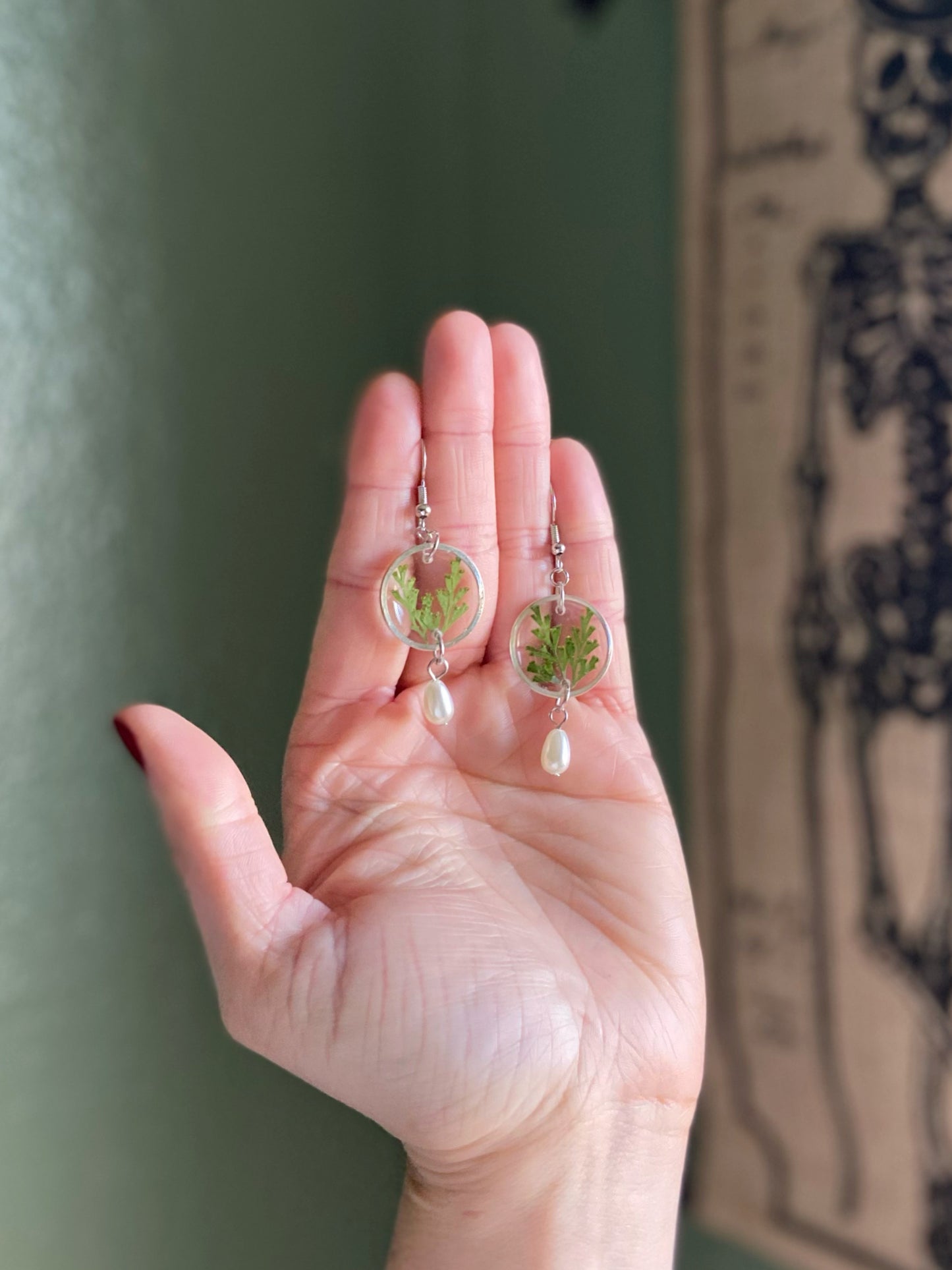 Greenery- Pressed leaves in open silver circle earrings with pearl drop dangle bead