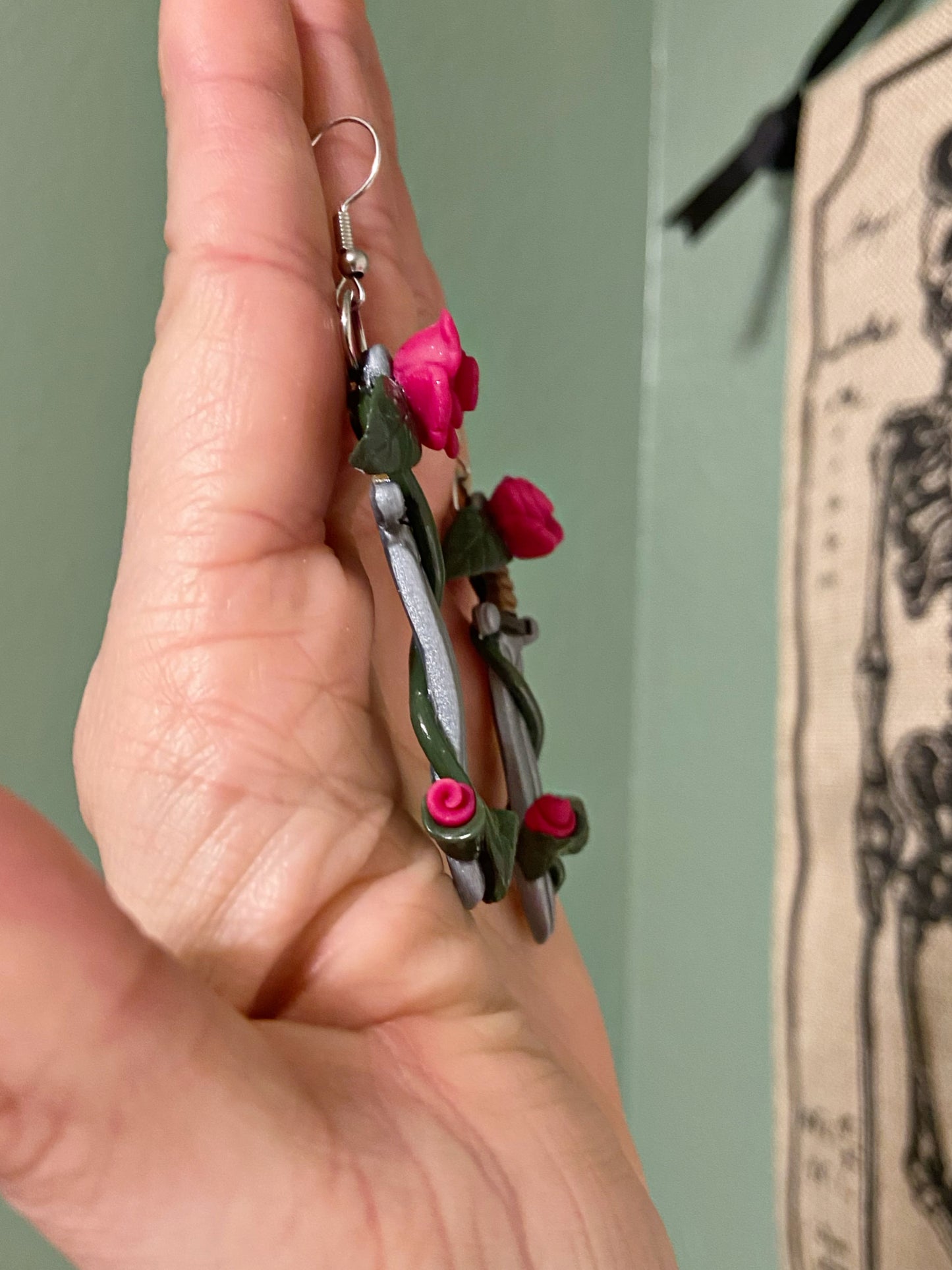 Sculpted Swords- Hot pink rose handmade polymer clay sword earrings, novelty romance jewelry