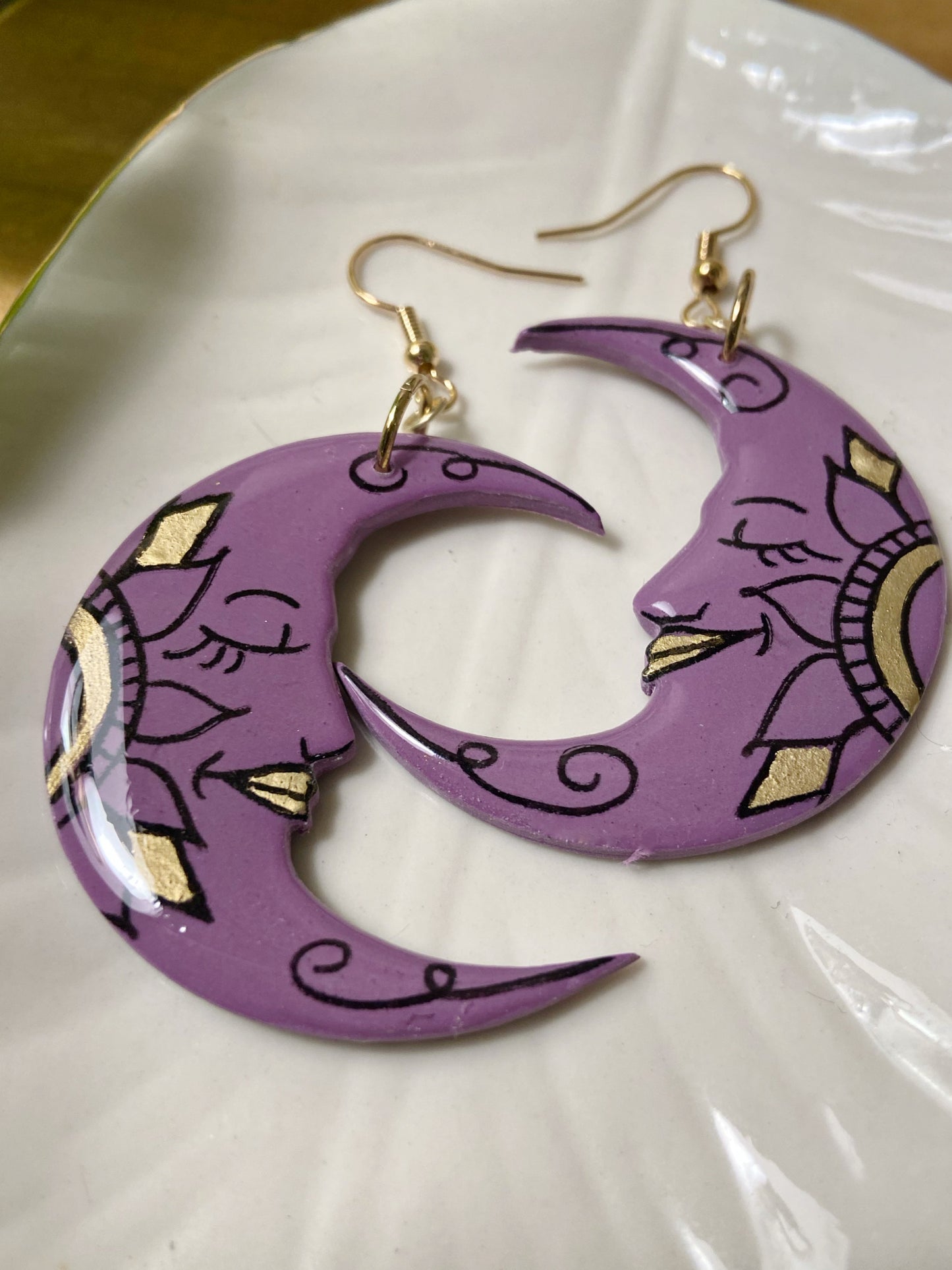 Sleepy Moons- Purple celestial crescent moon earrings with hand-painted gold mandala