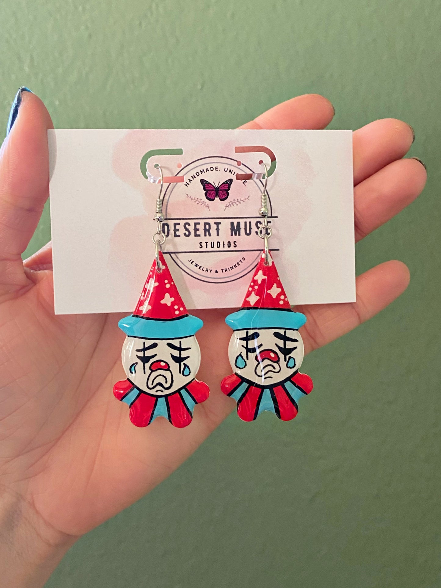 Tattoo Earrings- Sad clown handpainted polymer clay dangle earrings, red & blue, Pierrot inspired jewelry