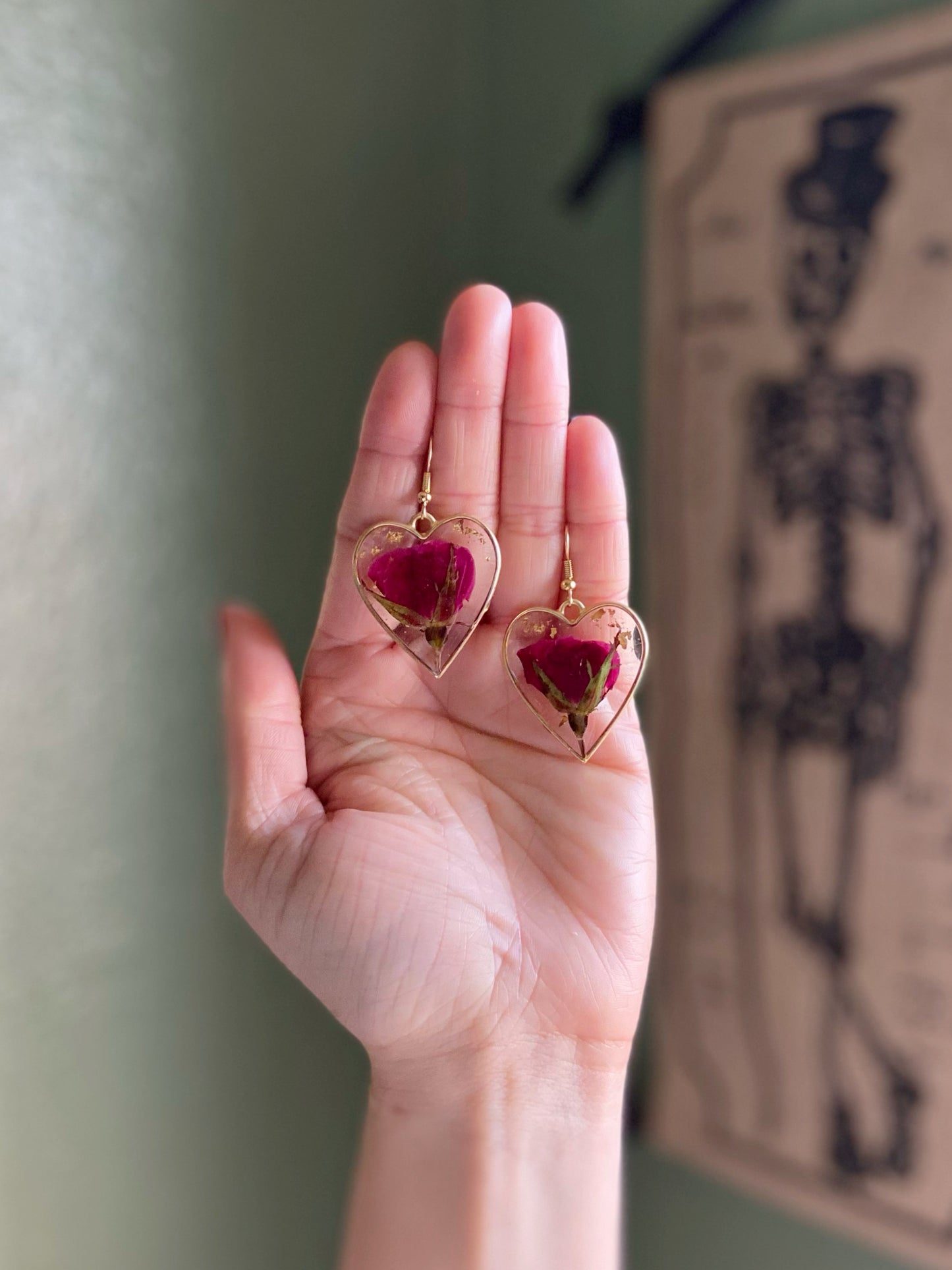 Roses- Real pressed flowers & gold flakes inside matte gold open heart earrings, romantic nature lover preserved botanical jewelry