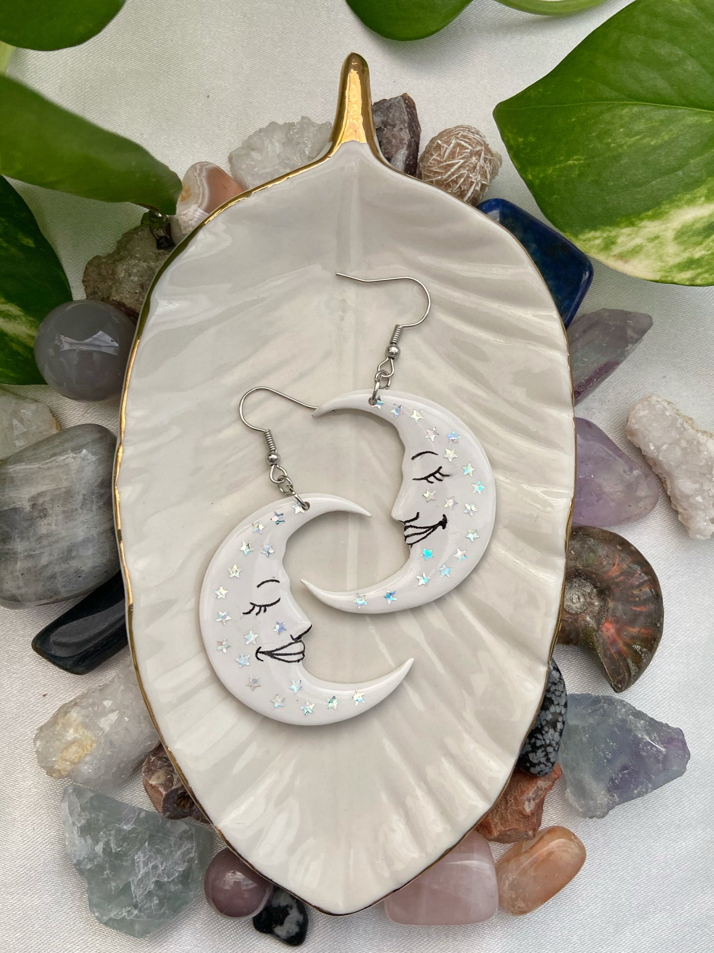 Sleepy Moons- White celestial crescent moon earrings with holographic rainbow glitter stars