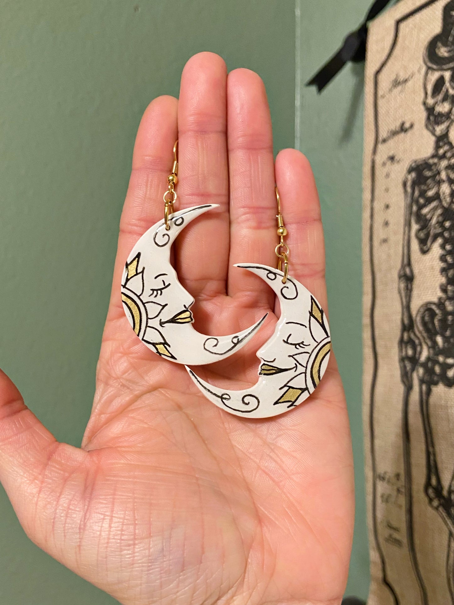 Sleepy Moons- White & gold crescent moon earrings with handpainted faces & mandalas