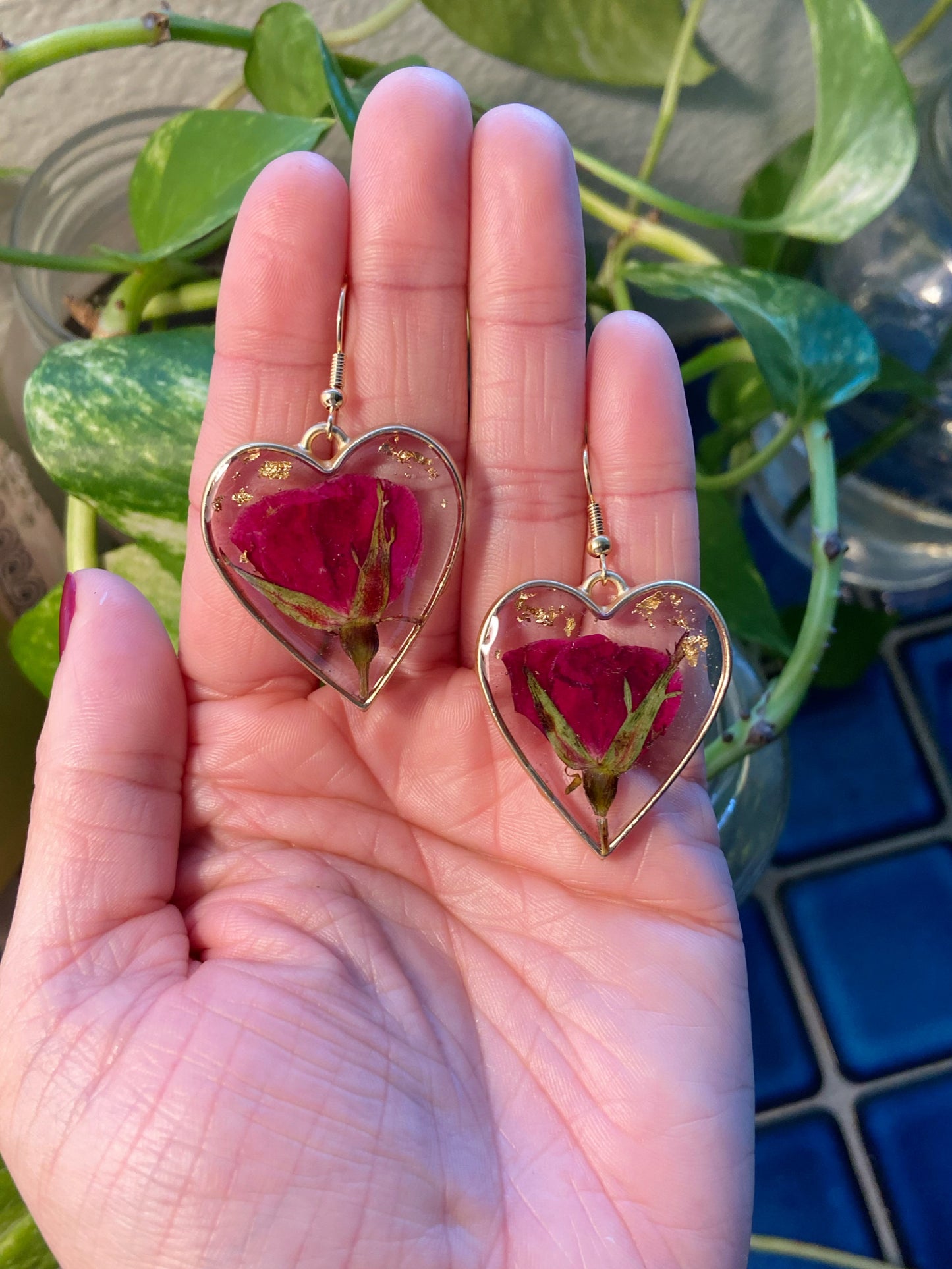 Roses- Real pressed flowers & gold flakes inside matte gold open heart earrings, romantic nature lover preserved botanical jewelry