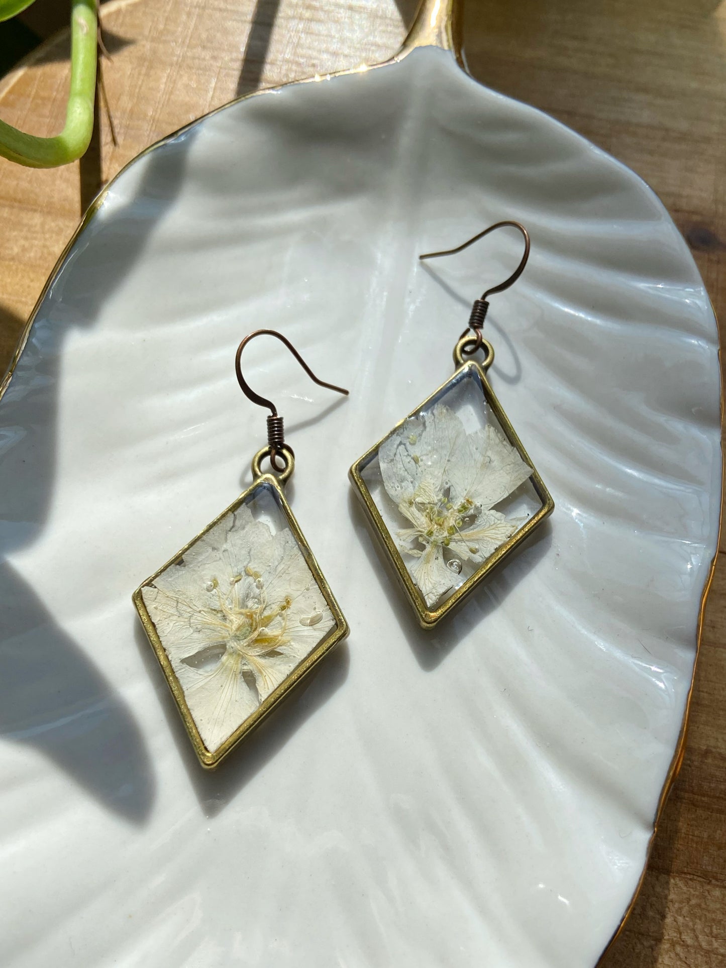 Larkspur- White pressed flowers inside bronze diamond shaped earrings, botanical nature lover jewelry