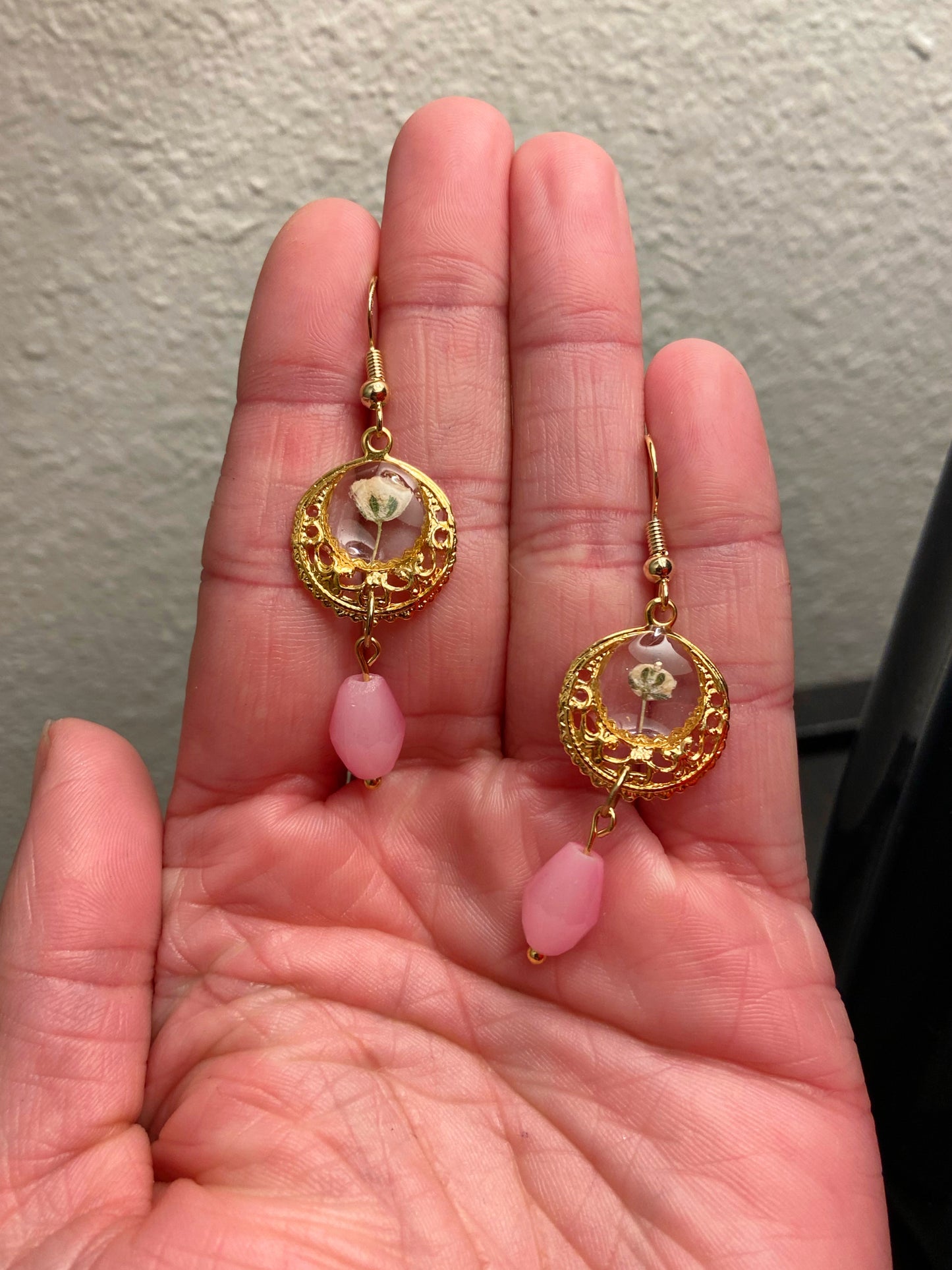 Baby's Breath - Vintage style open gold circle earrings with real pressed flowers and milky pink glass faceted bead dangle