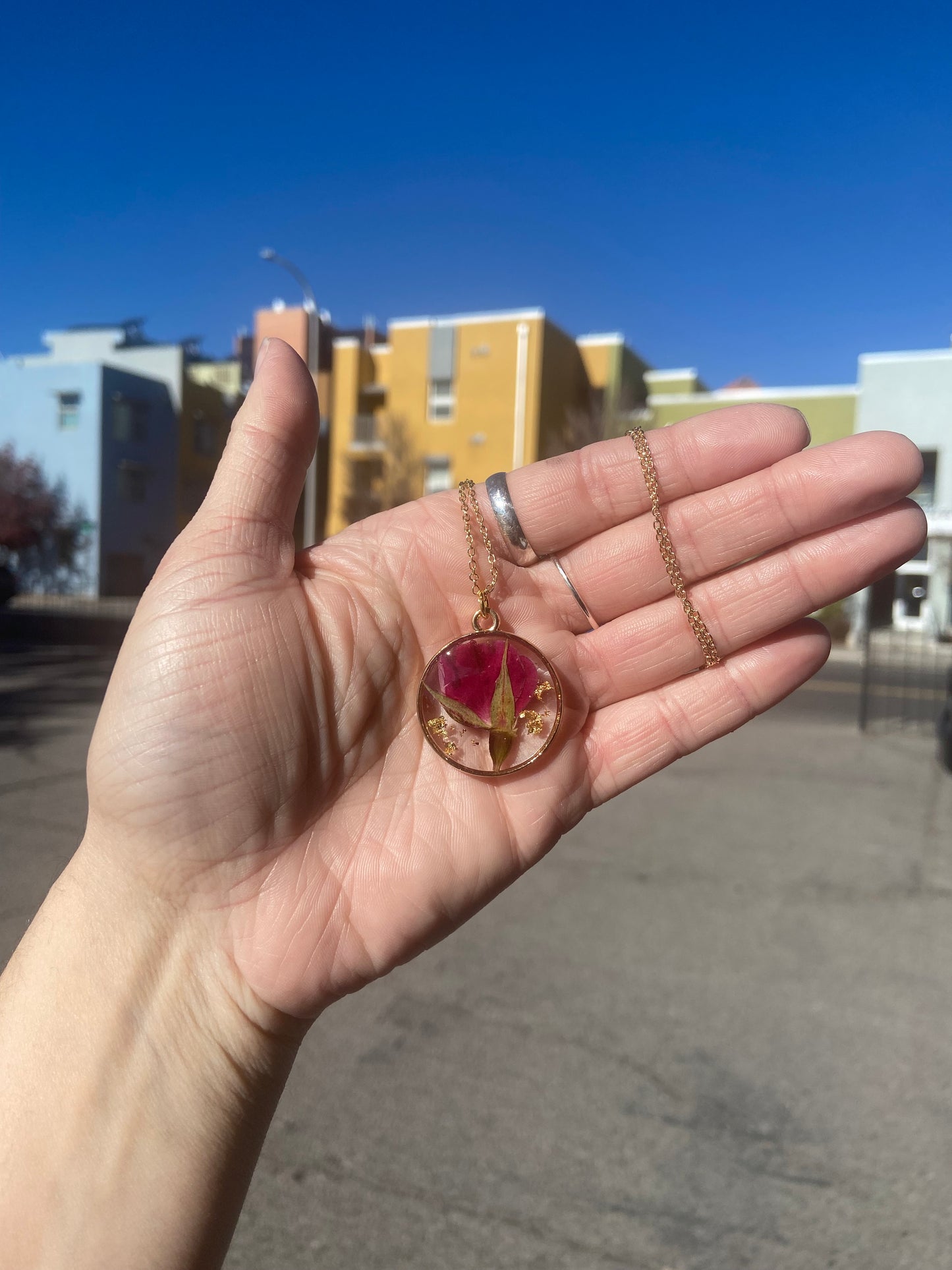 Roses - Pressed red rose bud preserved inside gold circle pendant, 16" adjustable gold-plated chain included