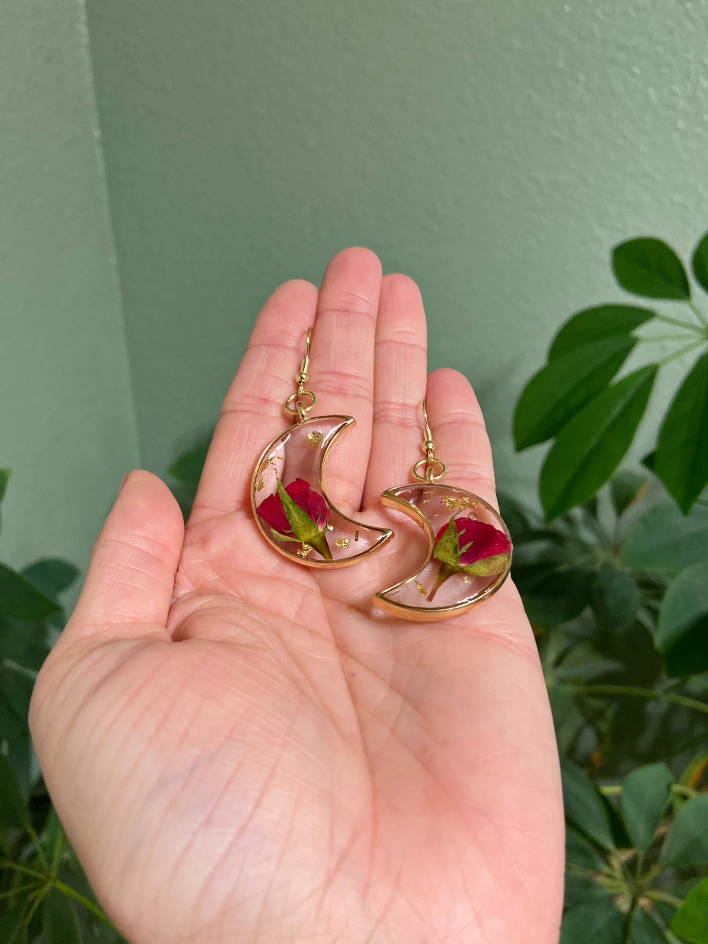 Roses - Red rosebud preserved botanical gold crescent moon earrings