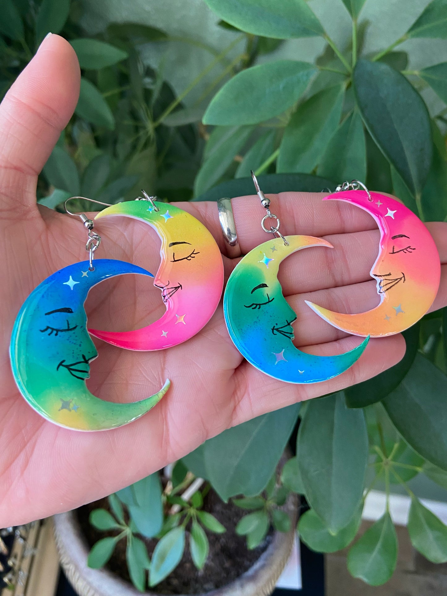 Sleepy Moons - Tie dye polymer clay handpainted moon face earrings, lightweight novelty jewelry