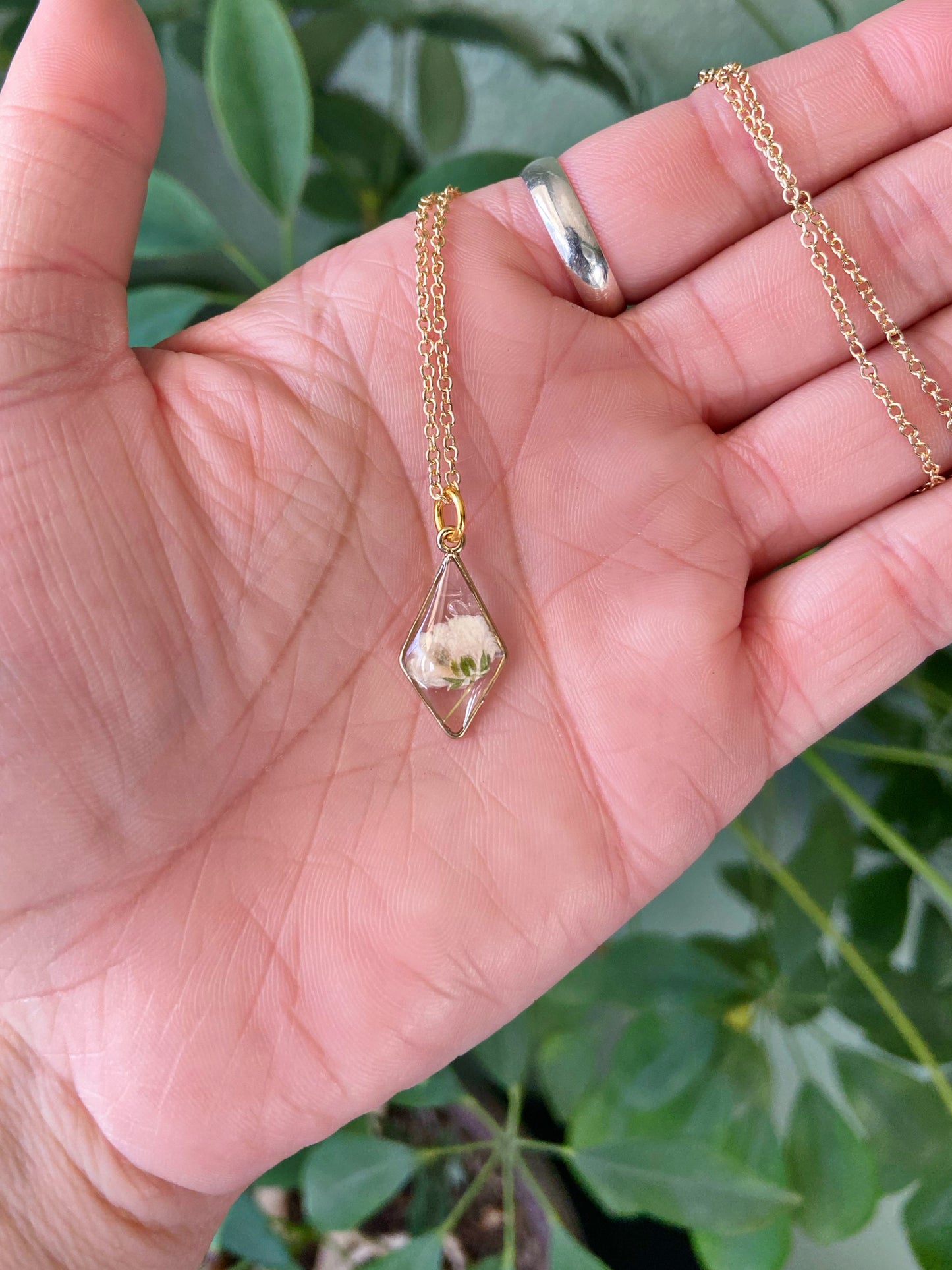 Baby's Breath - Dainty gold pendant with single white pressed flower inside, 16" gold plated chain included