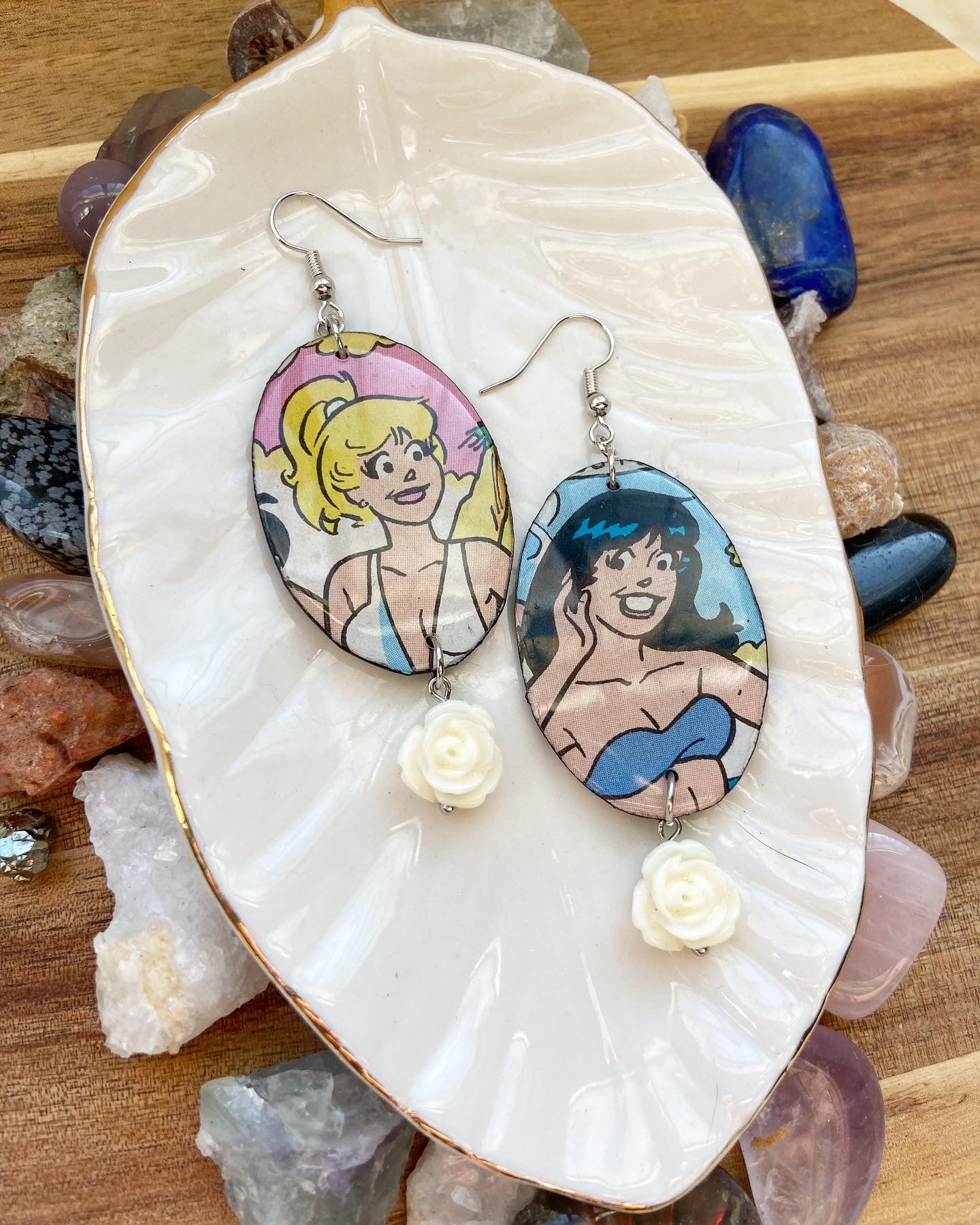 Vintage Comics - Betty & Veronica mismatch upcycled paper earrings with white resin rose dangle