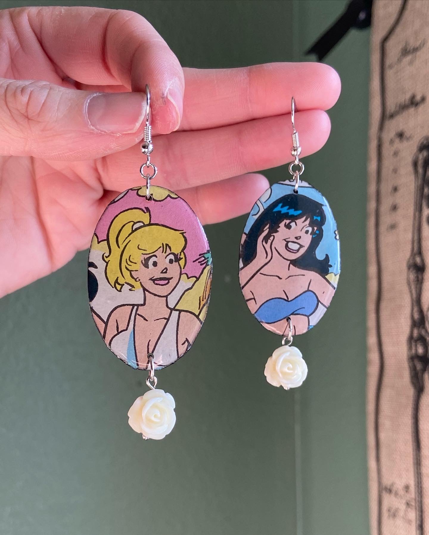 Vintage Comics - Betty & Veronica mismatch upcycled paper earrings with white resin rose dangle